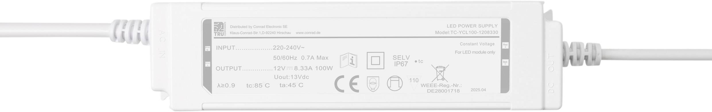 Een witte LED-driver met ingangs-/uitgangsspecificaties, certificeringsmerken en veiligheidswaarschuwingen wordt getoond, hoofdzakelijk gebruikt voor verlichting.