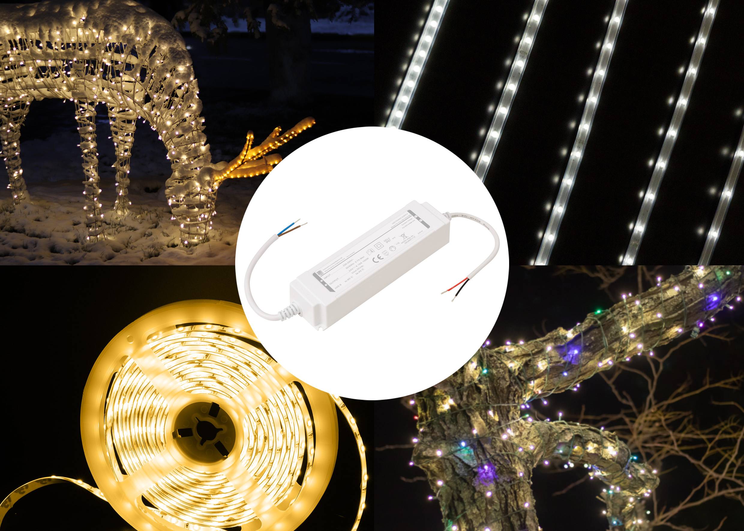 Buitenverlichting decoraties met LED-strips aangebracht op bomen en constructies, waarbij verschillende verlichtingspatronen worden geaccentueerd en een rechthoekige voedingseenheid zich in het centrum bevindt.