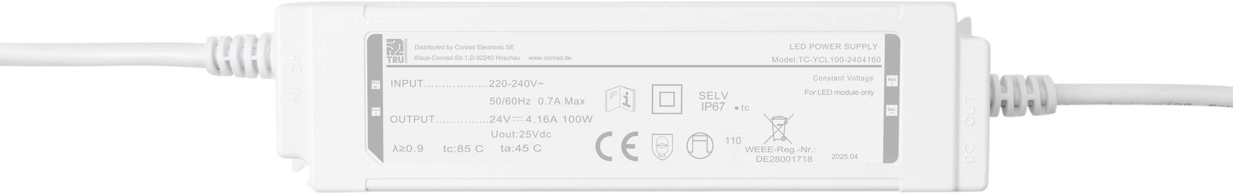 Voedingsadapter met invoer: 220-240V, 50/60Hz, uitvoer: 220V-240V, 4A, voorzien van CE- en recyclingcertificering.