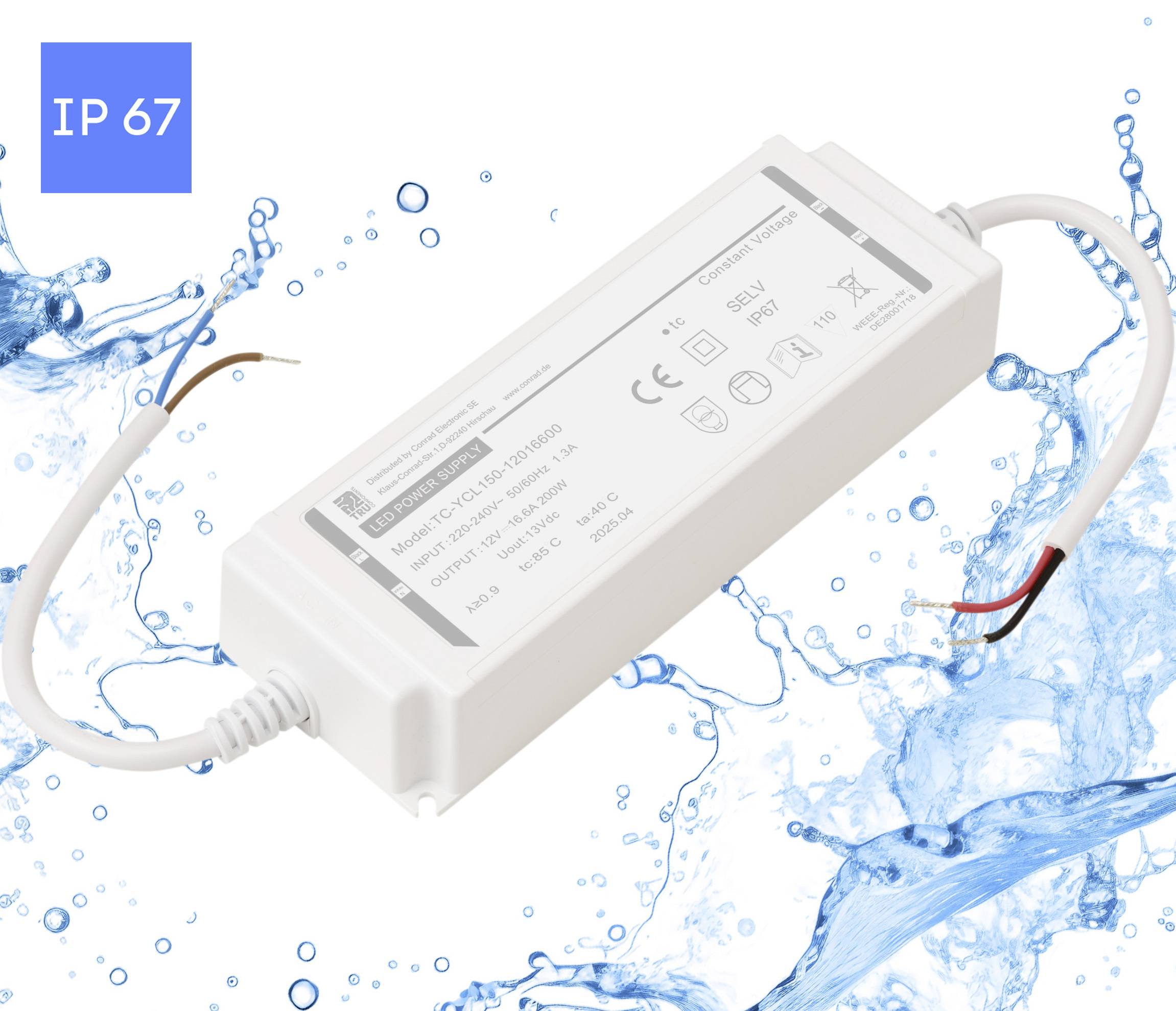 Een waterdichte LED-voedingseenheid met een IP67-classificatie, geschikt voor buitengebruik, omgeven door waterdruppels, die zijn waterbestendigheid demonstreert.