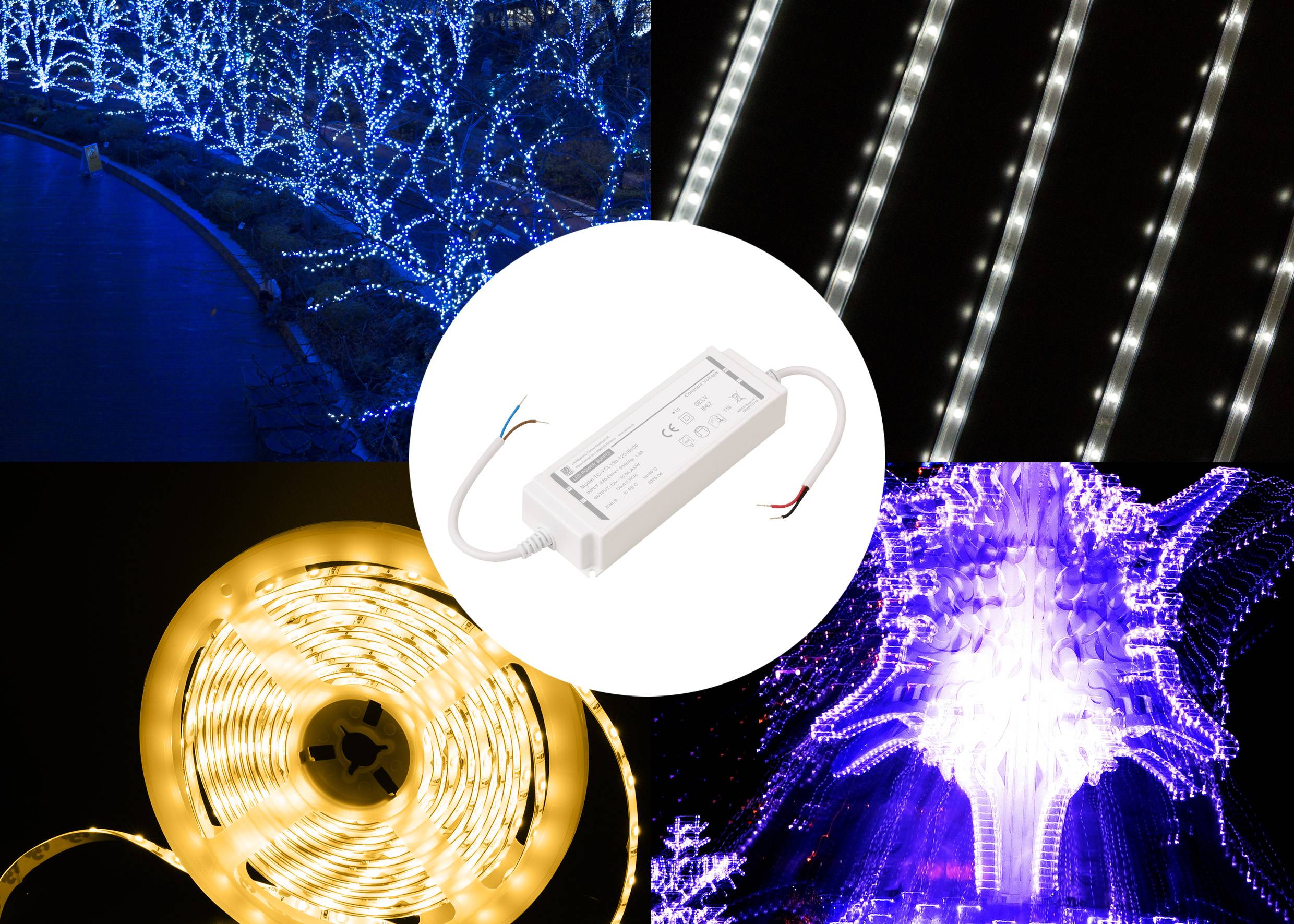Een collage met verschillende LED-lichtstrips in blauwe, witte en gele tinten, met in het midden een afbeelding van een LED-voedingsapparaat.