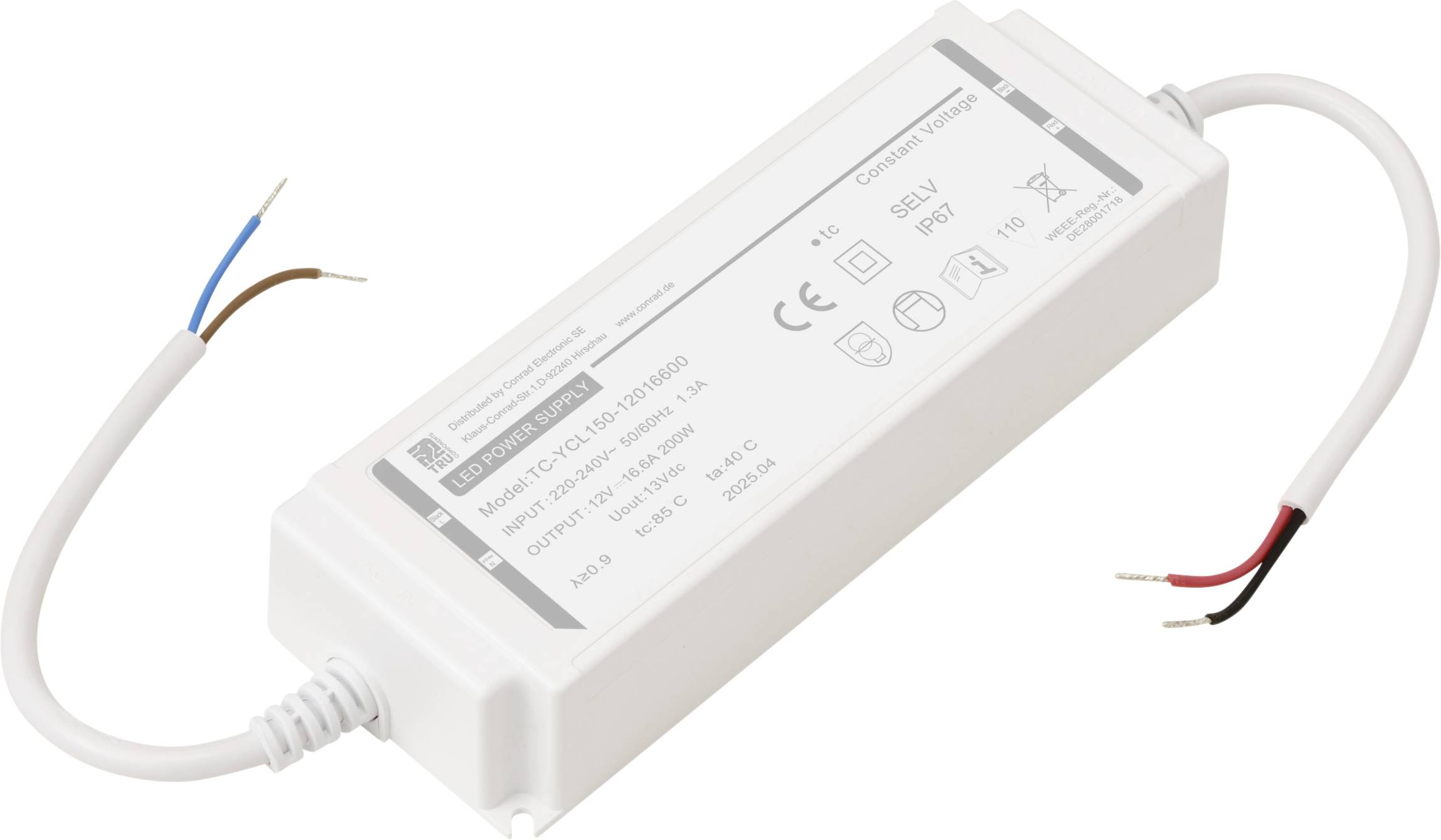 Rechthoekige LED-driver met witte behuizing, model 'LC 15/350' van TRIDONIC. Voorzien van input/output gegevens, veiligheidscertificeringen en bedradingsdetails.