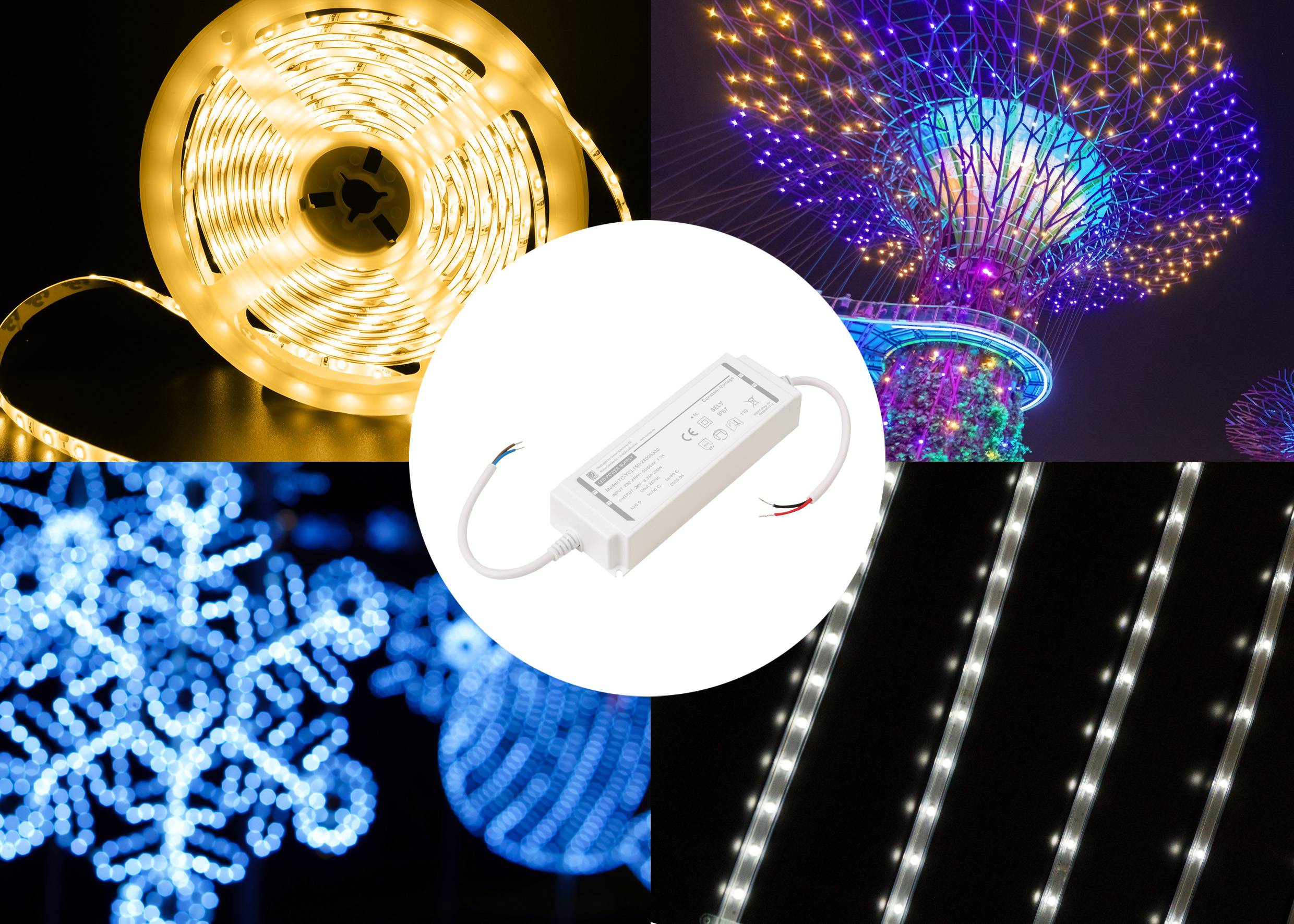 Een collage met LED-stripverlichting en decoratieve verlichting in verschillende kleuren en patronen, gecentreerd rond een witte LED-voeding.