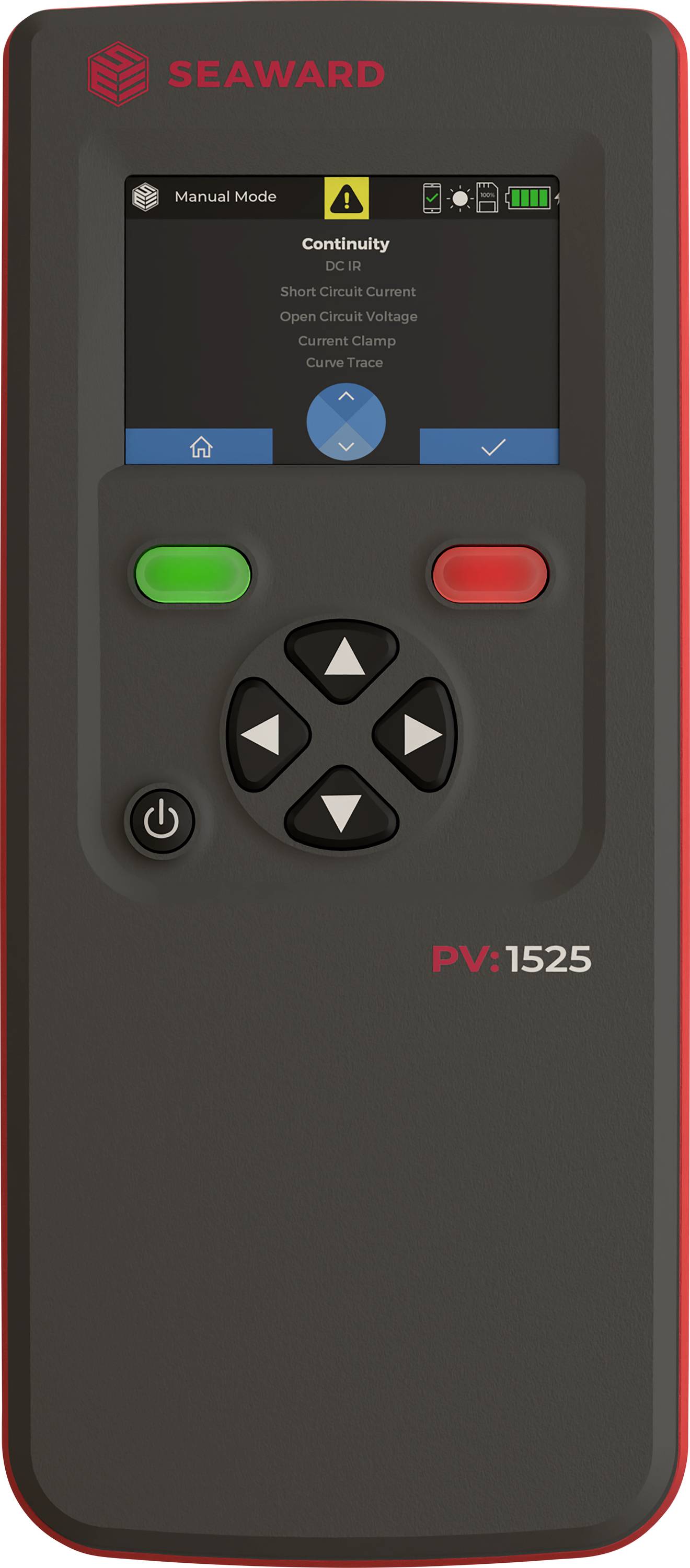 Een draagbaar testapparaat met display en bedieningstoetsen. Toont 'Continuity' op het display. Merk 'SEAWARD', model 'PV:1525'.