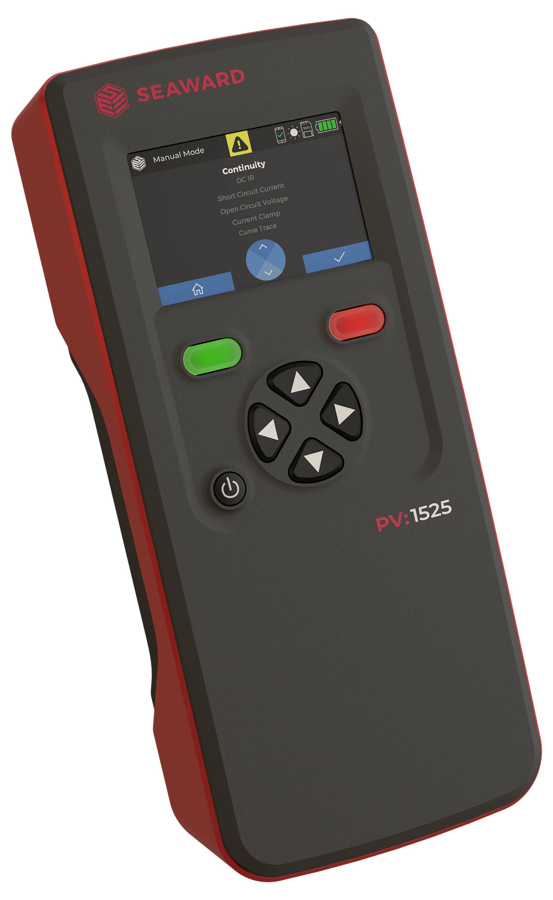 Handapparaat met display en toetsen, waarbij de teststatus 'Test geslaagd' wordt weergegeven met een groene vink. Gemarkeerd met 'SEAWARD' en model 'PV1500'.