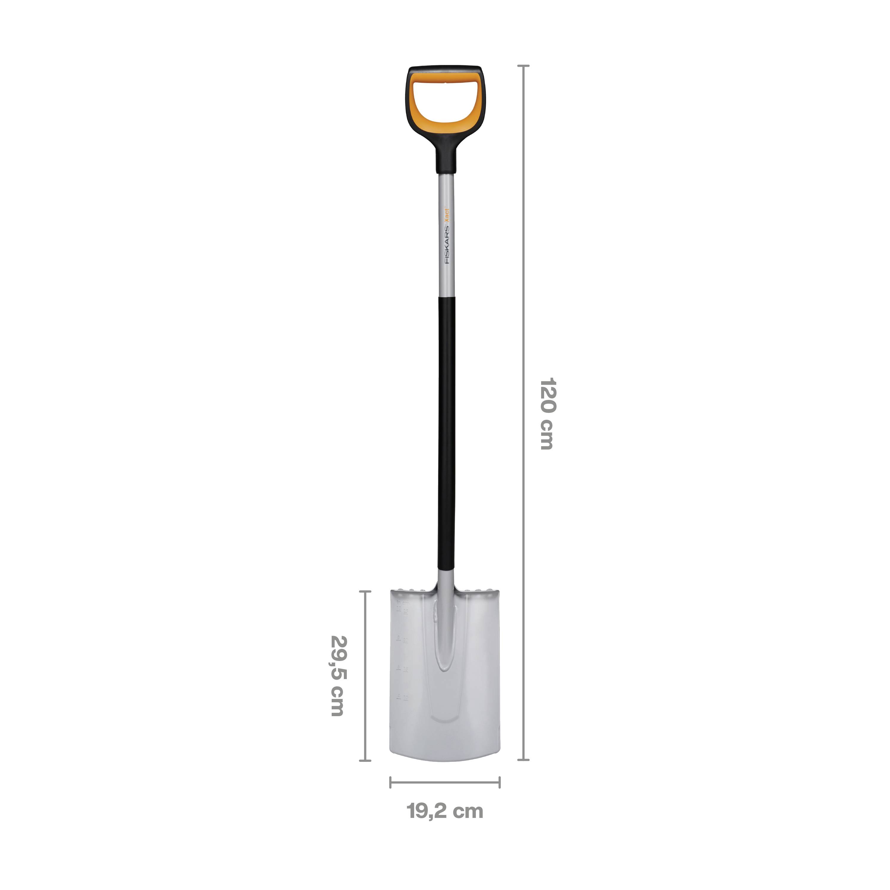 Op de afbeelding staat een schep met een zwarte steel en een zilveren schepblad. De afmetingen zijn 120 cm lengte en 19,2 cm breedte.