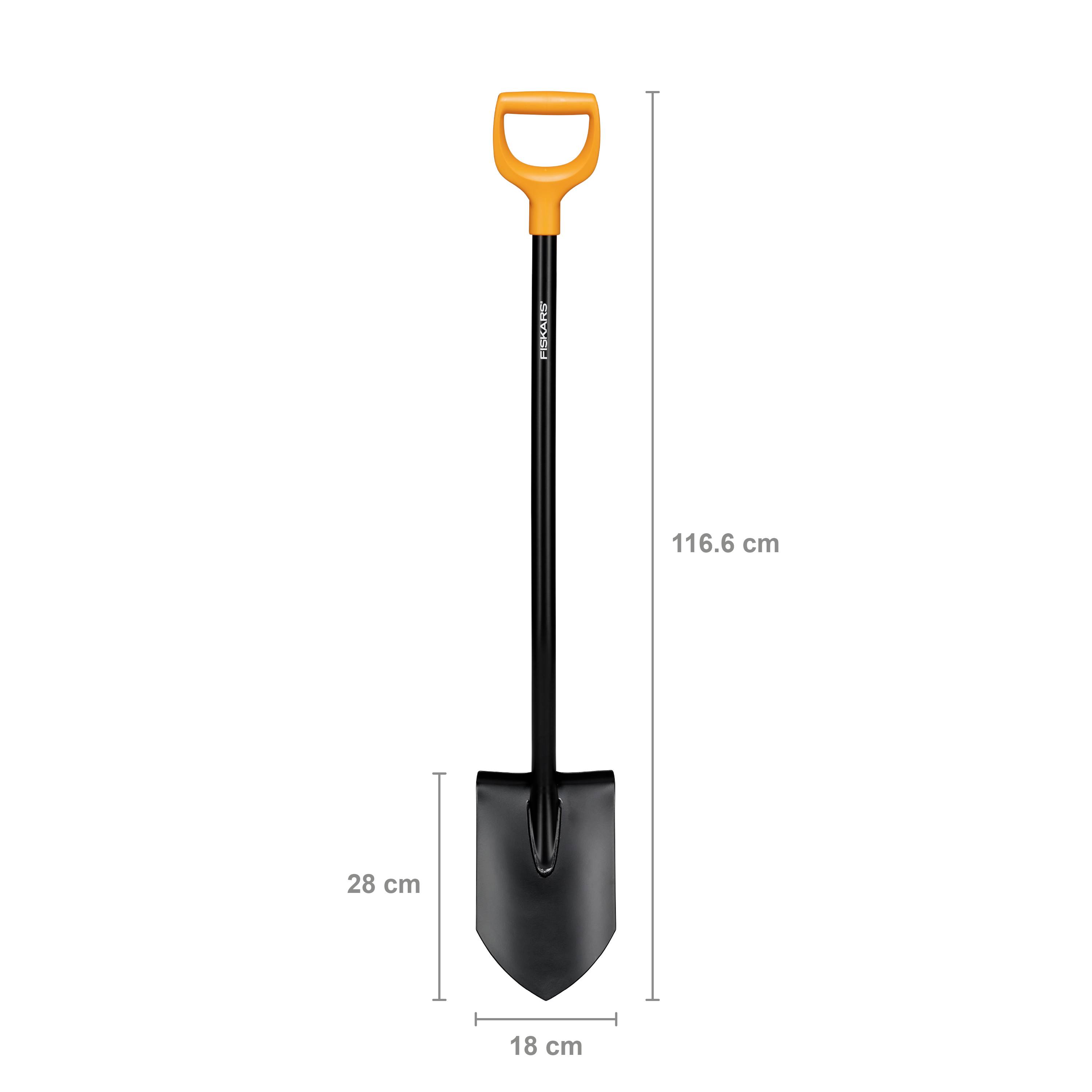 Een schep met een oranje handvat. Lengte 116,6 cm, breedte 18 cm, schepblad lengte 28 cm.