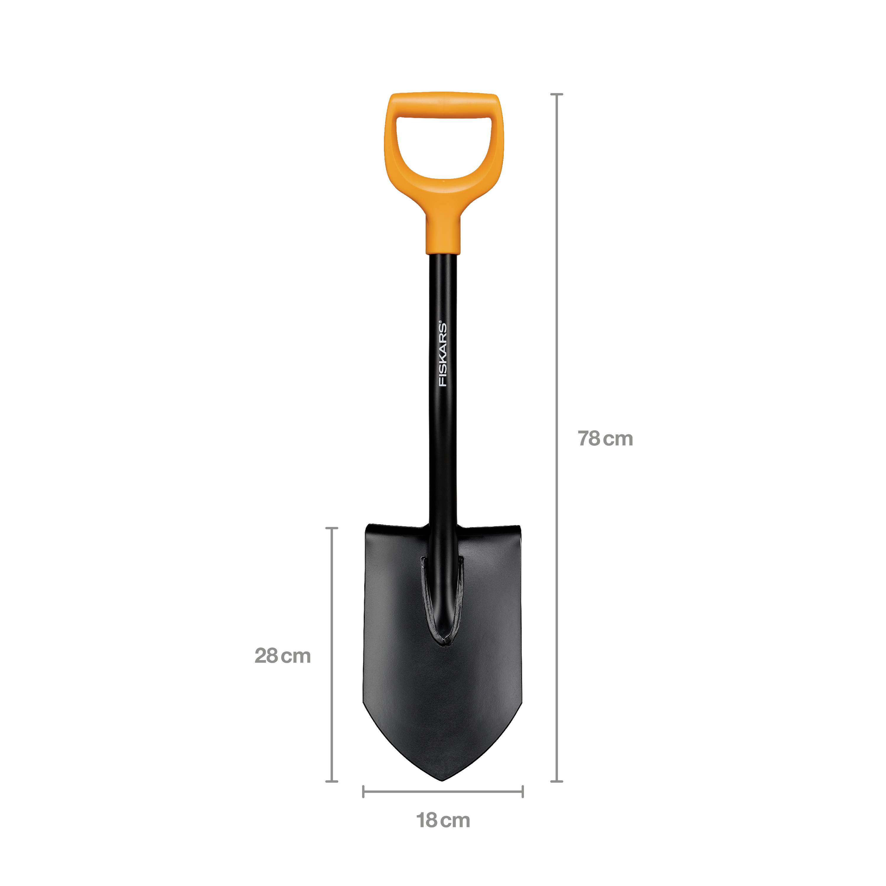 Een zwarte schep met oranje handgreep, 78 cm hoog. Bladlengte 28 cm, breedte 18 cm. Geschikt voor tuinwerkzaamheden.