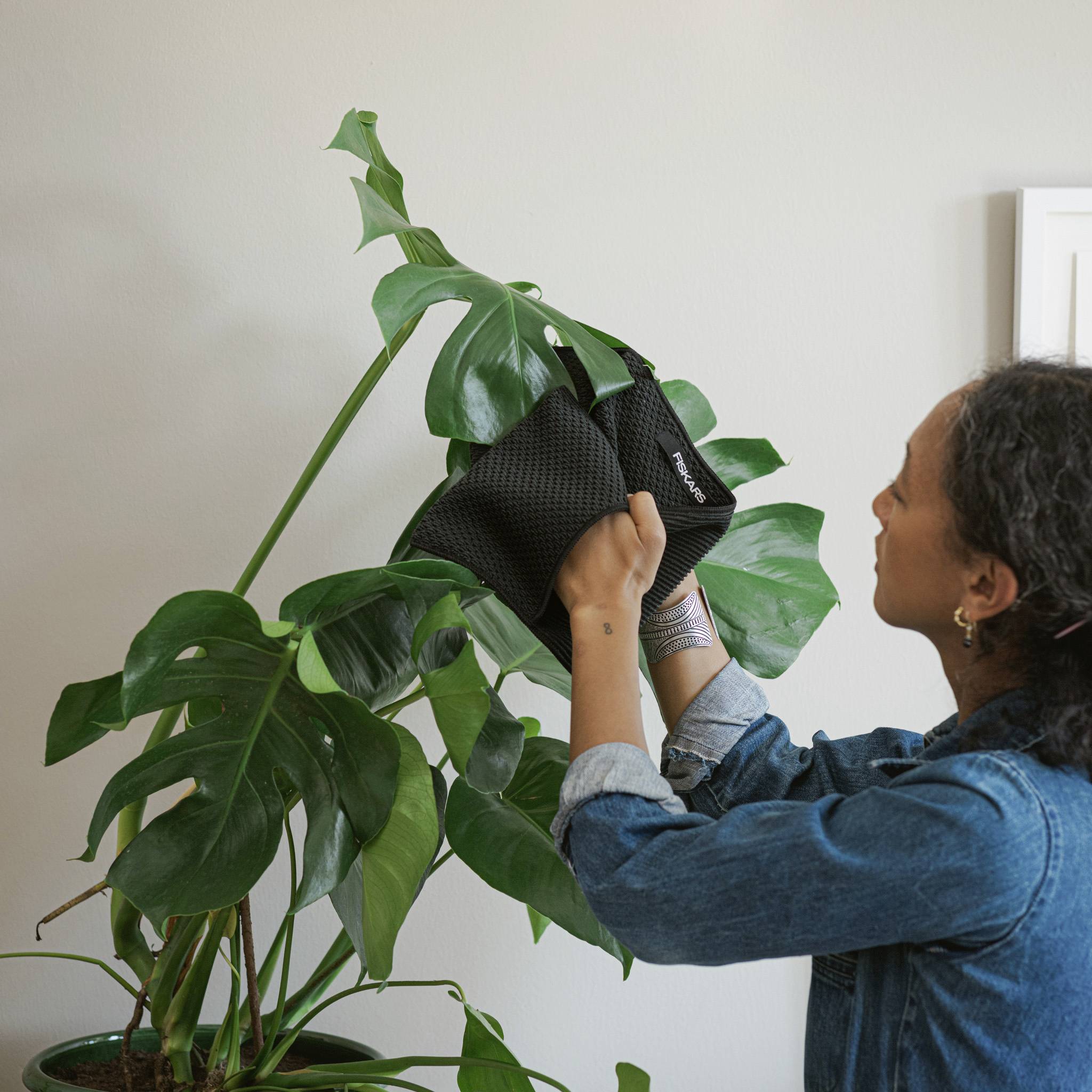 Een persoon houdt een zwarte rugzak in de hand, staat naast een grote kamerplant.