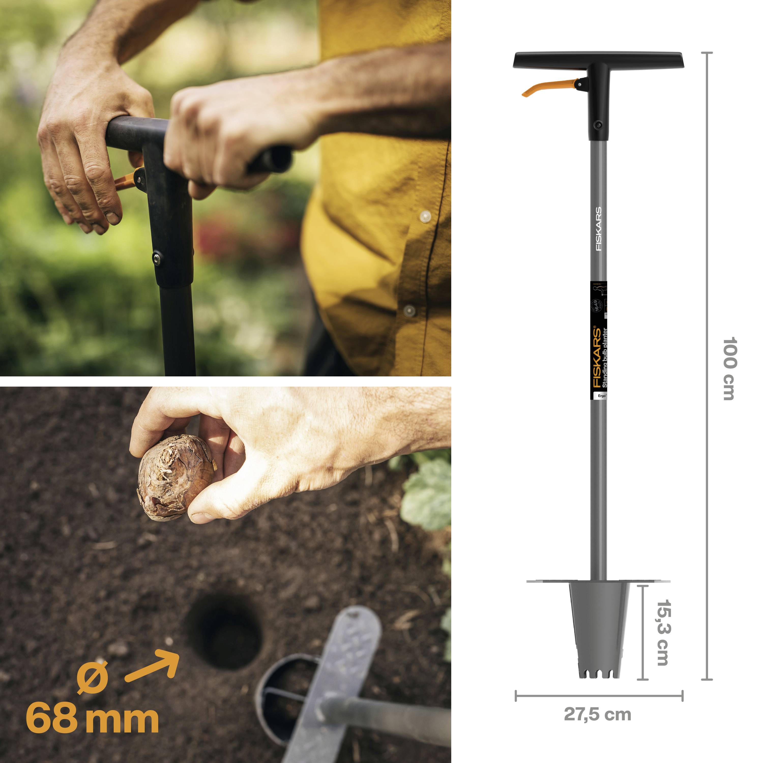 Een persoon gebruikt een tuingereedschap voor het planten van bloembollen. Het hulpmiddel heeft de volgende afmetingen: 100 cm hoog, 27,5 cm breed.