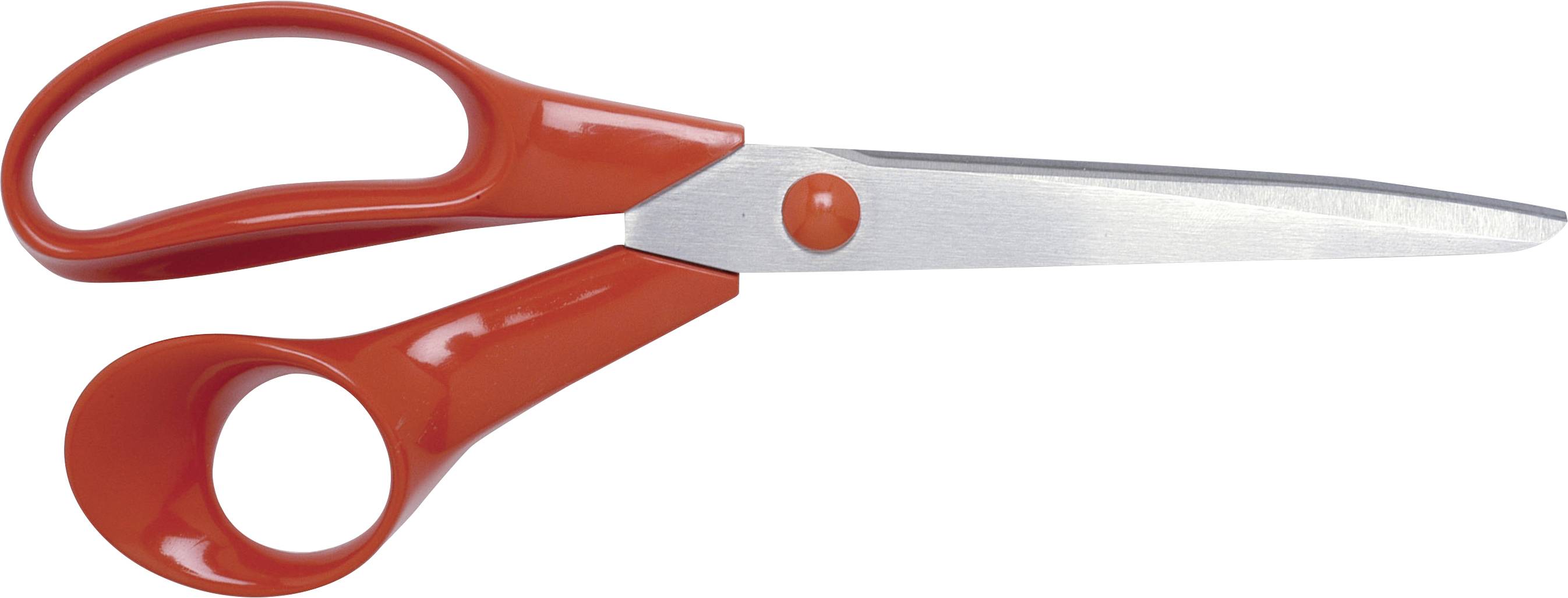 Rode schaar met metalen messen, open op een witte achtergrond.