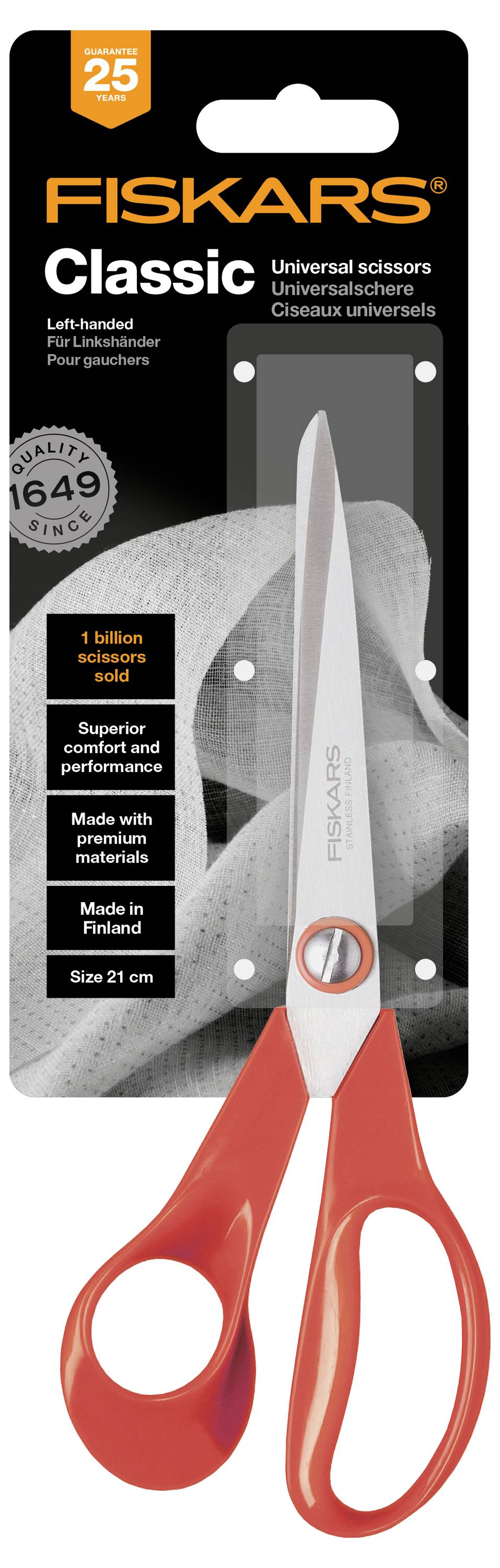 'Fiskars Classic' universele schaar met rode handgreep, productverpakking. 21 cm lang, gemaakt van hoogwaardig staal, geschikt voor links- en rechtshandigen.