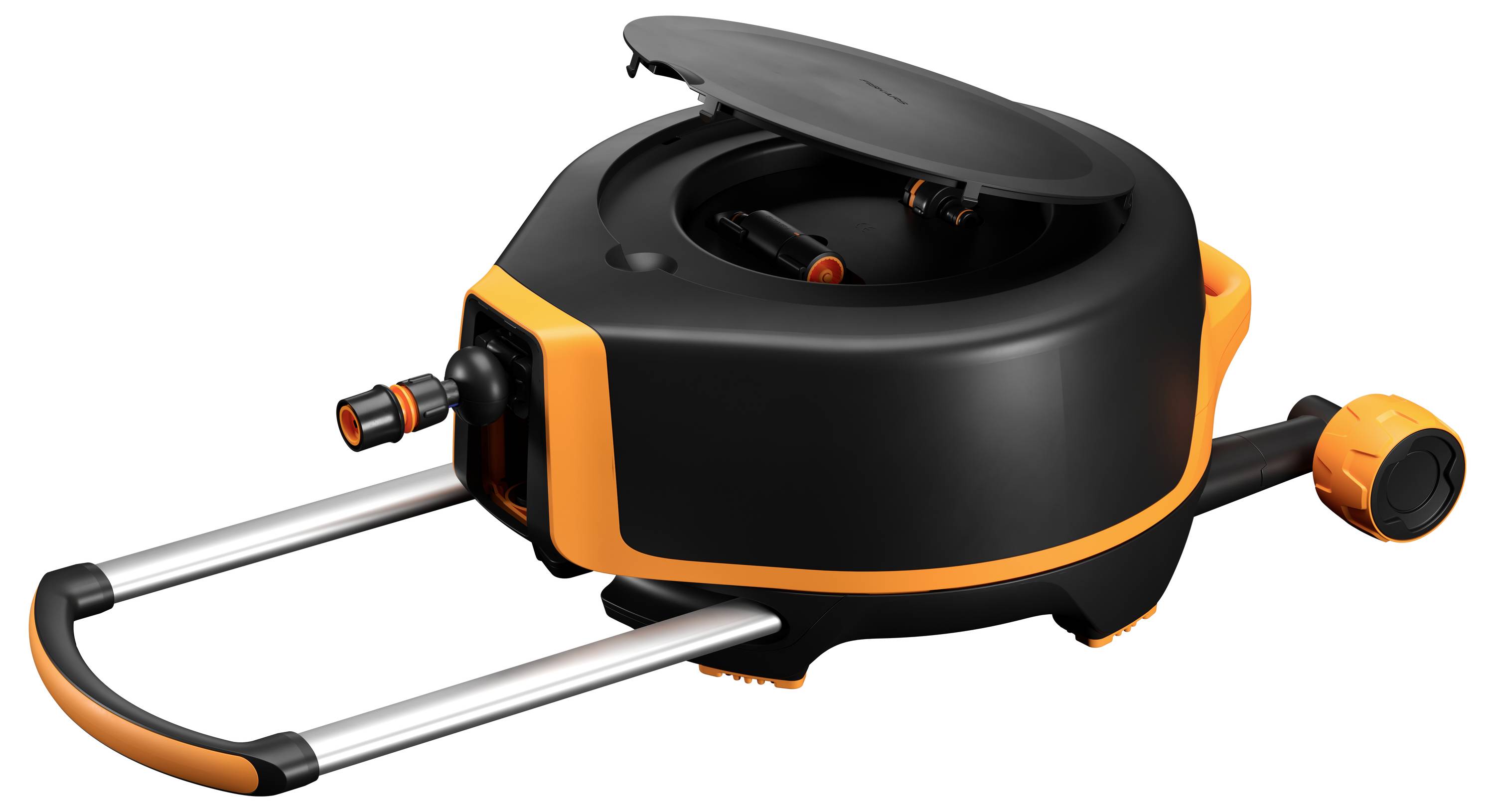 Een draagbare water-slanghaspel met oranje-zwart design en handgreep. De deksel is geopend en de slangleiding is zichtbaar.