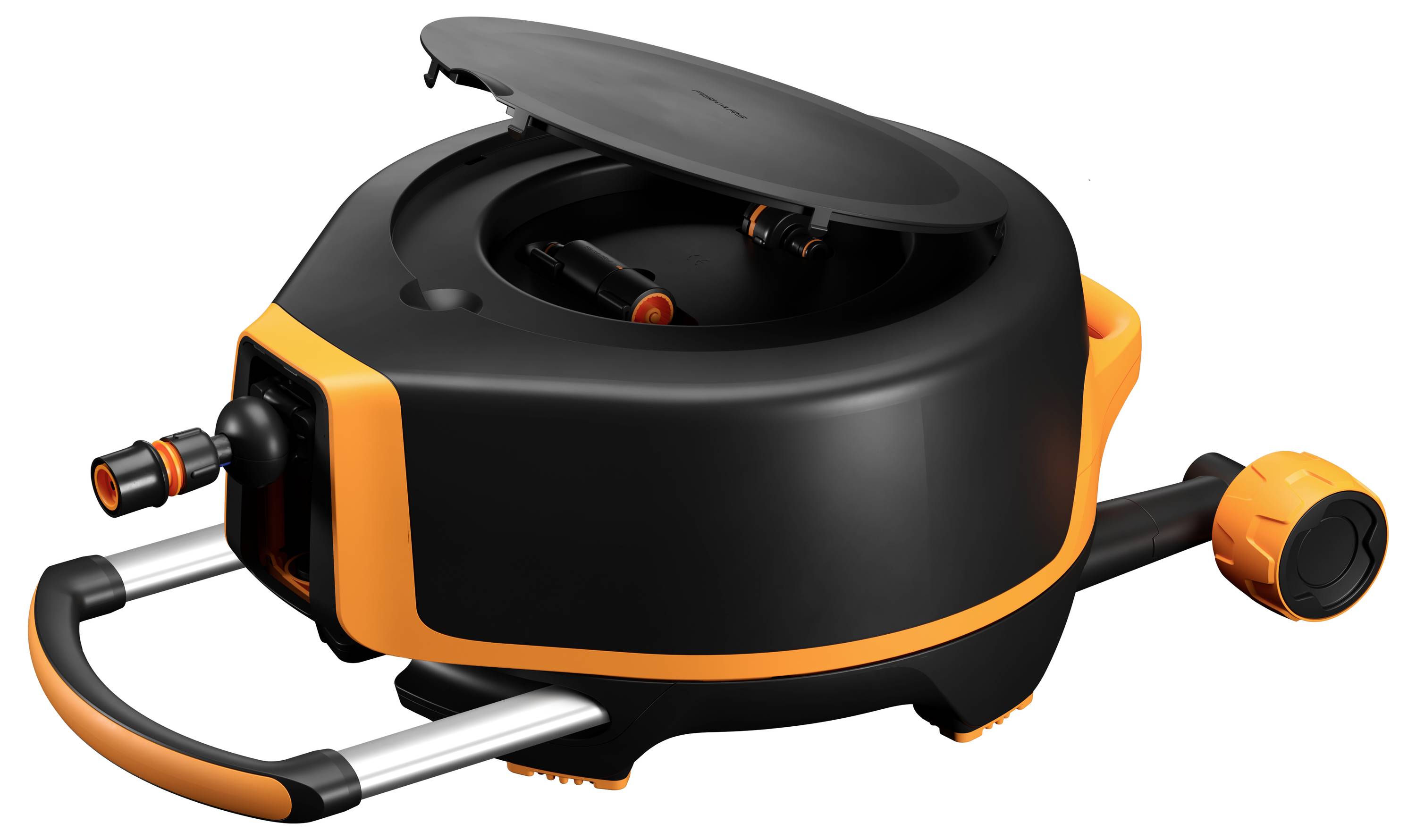 Automatische tuinslangoproller in zwart en oranje. Uitklapbaar deksel, handgreep en aansluitventiel zichtbaar.