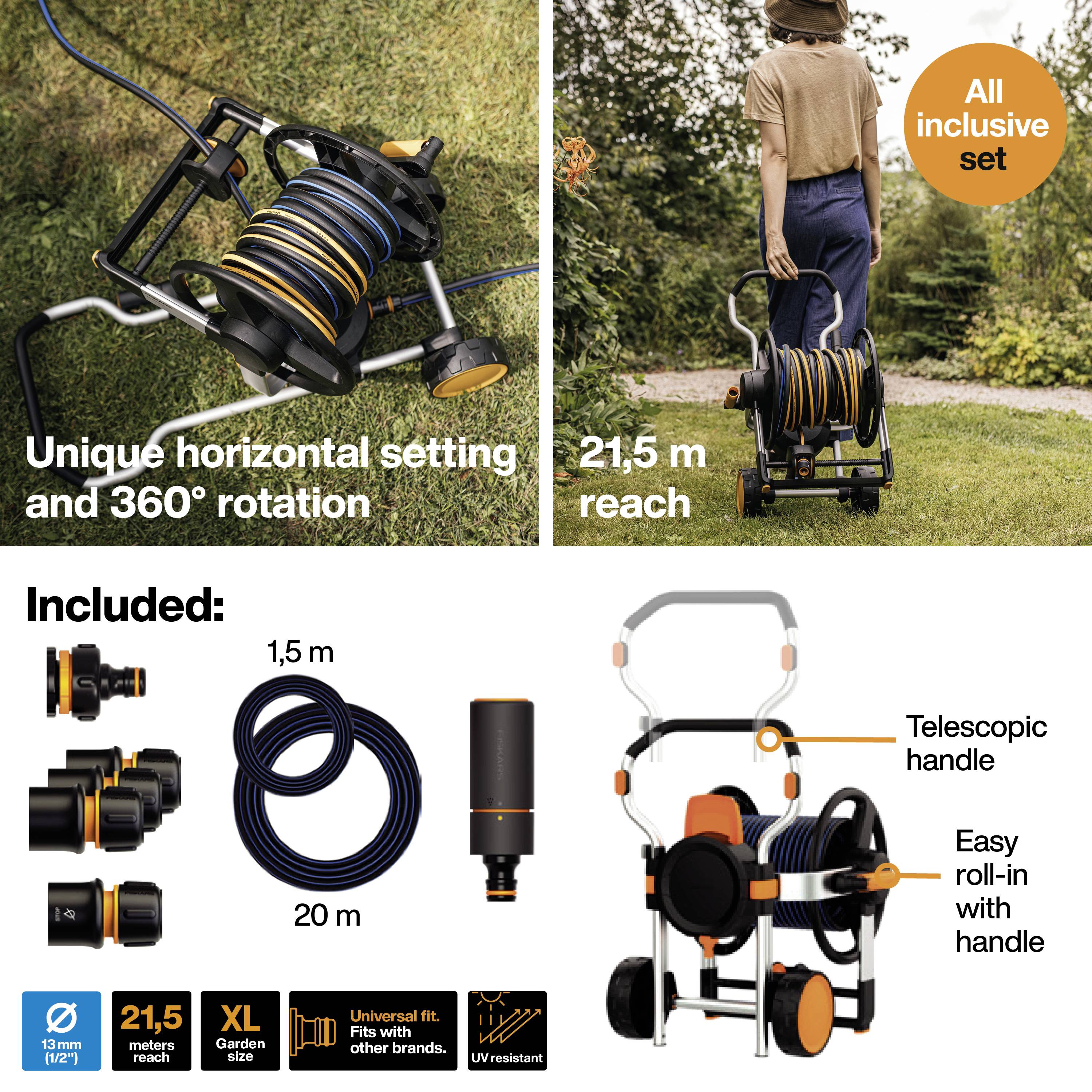 'Slangenwagen met unieke horizontale draaiing en 360°-compatibiliteit. Complete set met 1,5 m, 21,5 m slang.'