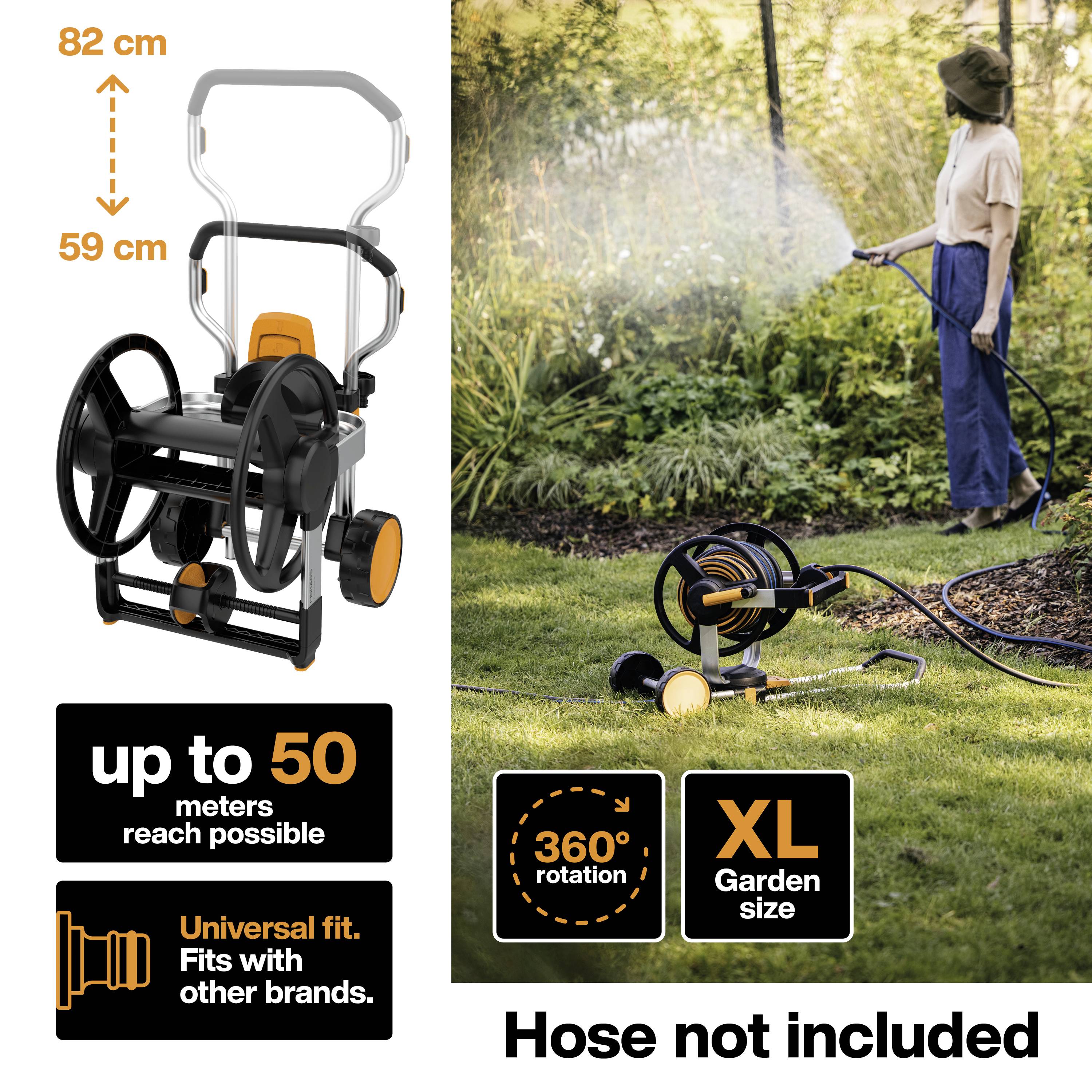 Een persoon geeft planten water in de tuin, terwijl een tuinslangwagen met 360°-draaiing en XL-formaat wordt getoond. Let op: slang niet inbegrepen.