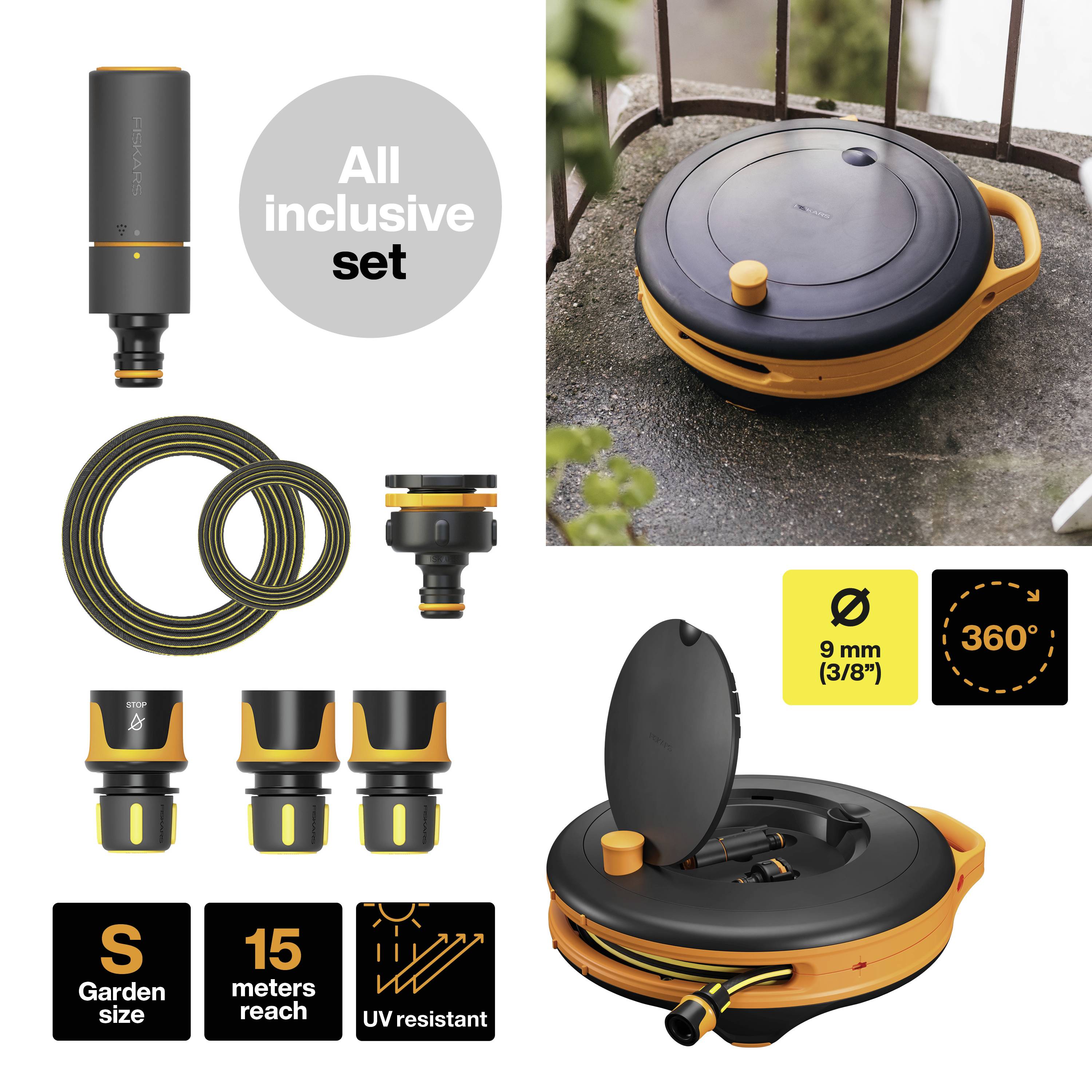 Tuinbewateringset met slang, sproeiers en oprolsysteem. De slang is 15 meter lang, UV-bestendig en heeft een diameter van 9 mm.
