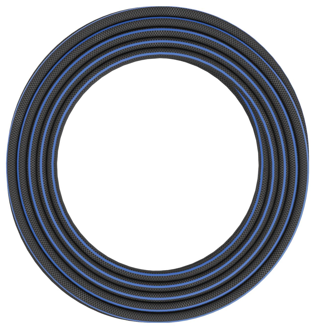 Tuinirrigatieslang in cirkelvorm, zwart met blauwe streep. Geschikt voor flexibele irrigatiedoeleinden in buitenruimtes.