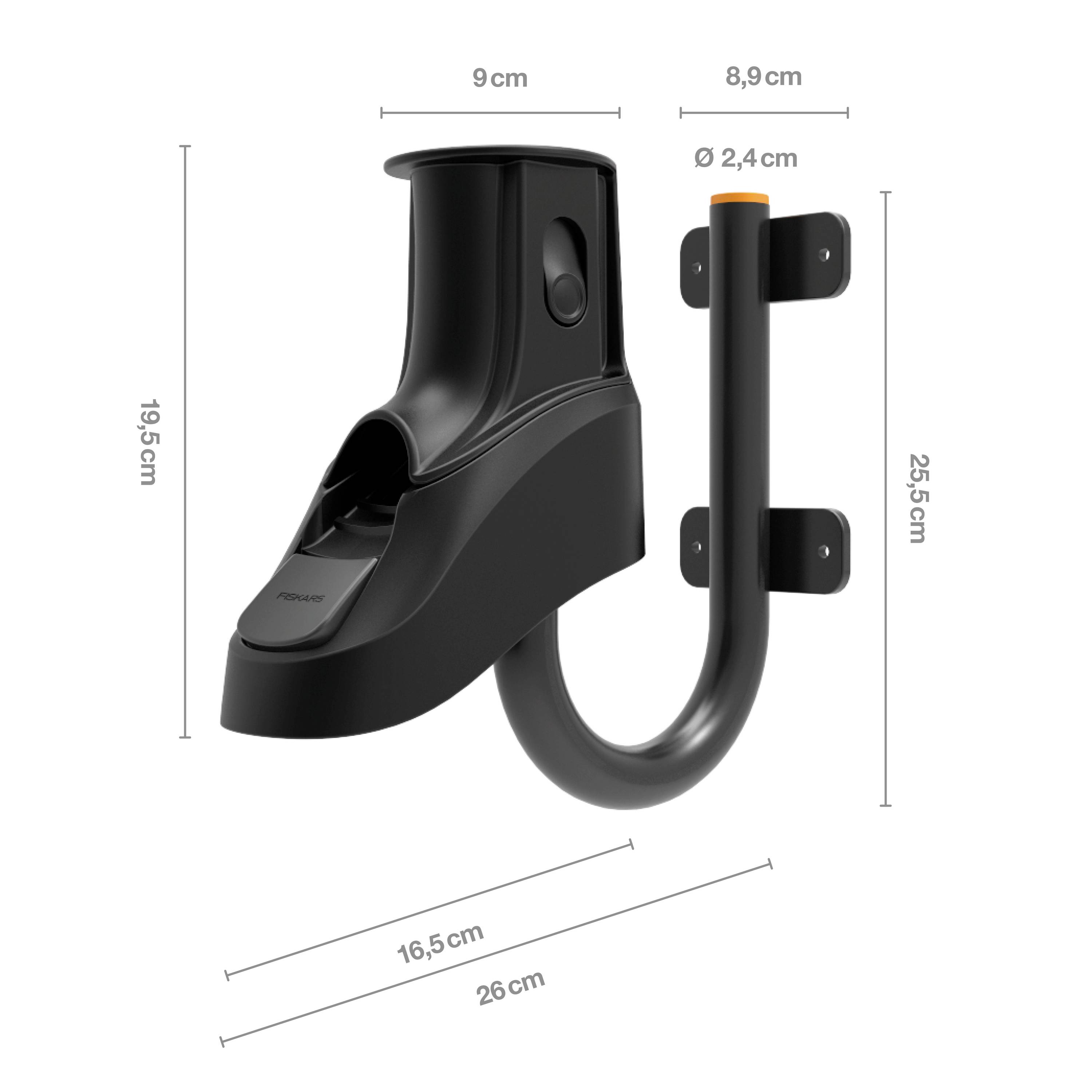 Wandsteun voor een racefiets, zwart, met afmetingen: 19,5 cm hoog, 9 cm breed, 25,5 cm diep. Buisdiameter 2,4 cm.