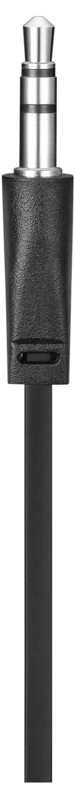 'Close-up van een 3,5 mm audiokabel-stekker met zwarte rubberen coating. Geschikt voor koptelefoon- en audioapparaataansluitingen.'