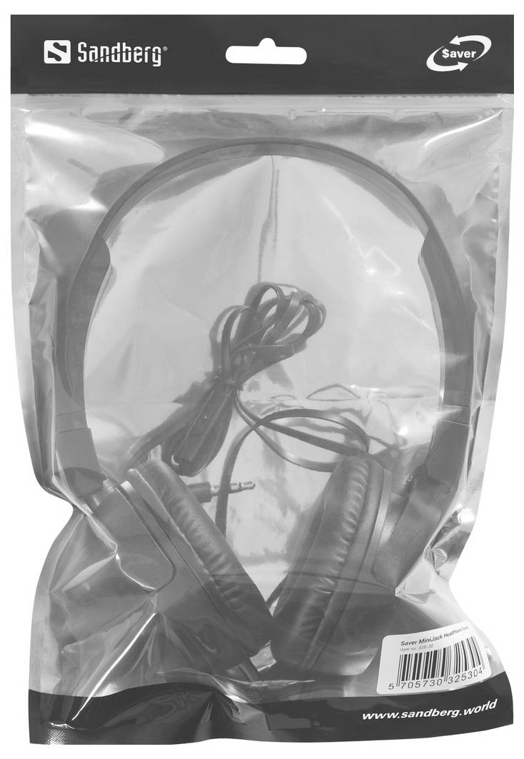 Verpakte Sandberg koptelefoons. Zwart design, in een transparante plastic verpakking waarbij de kabel binnenin zichtbaar is.