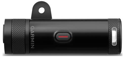 Zwarte actiecamera met rode knop, aan de zijkant het woord 'Garmin'. Bovenaan een bevestigingssteun.