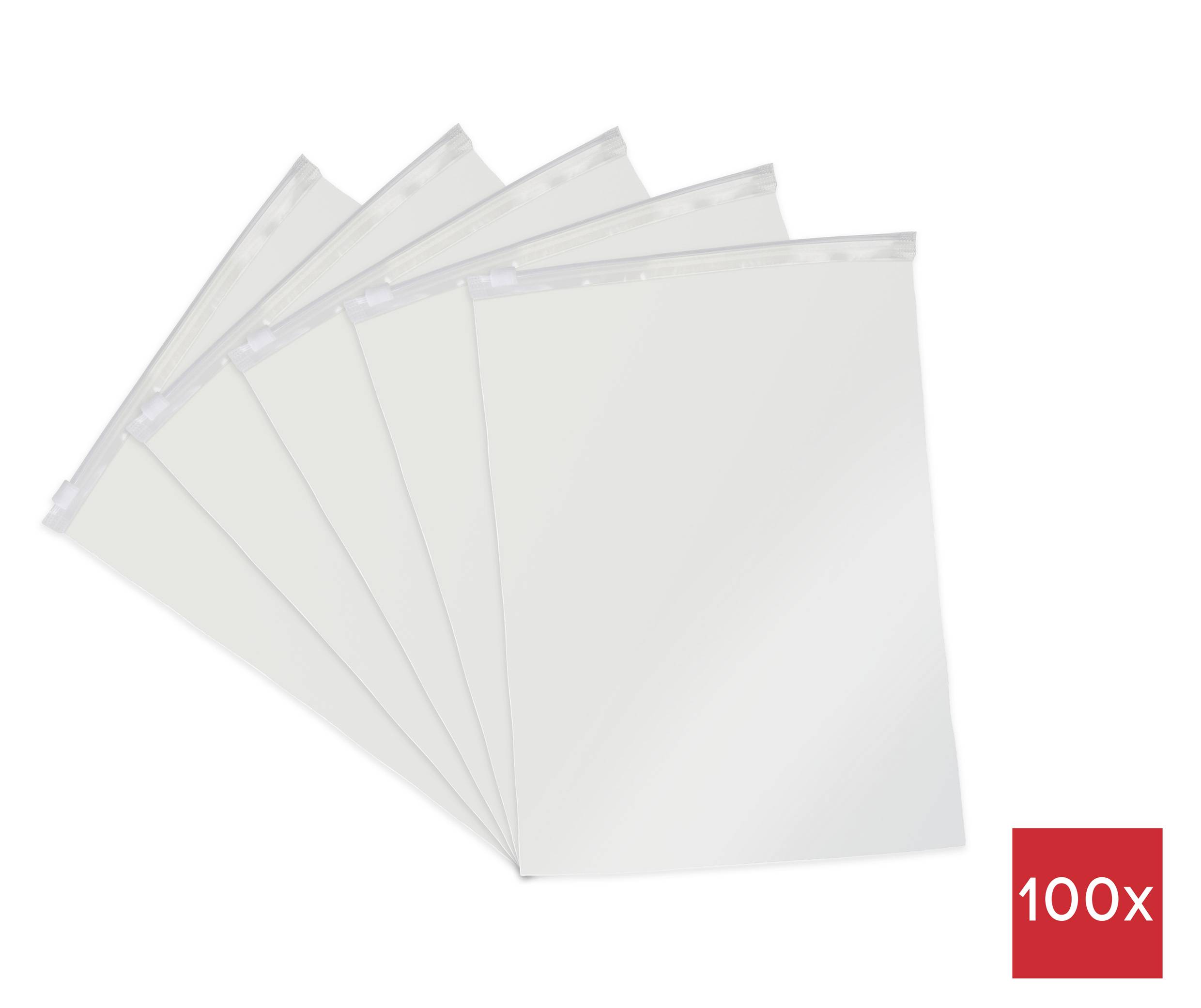 Vijf doorzichtige plastic ritssluitingszakken waaieren uit, elkaar licht overlappend, wat suggereert dat het om een verpakking van 100 stuks gaat.