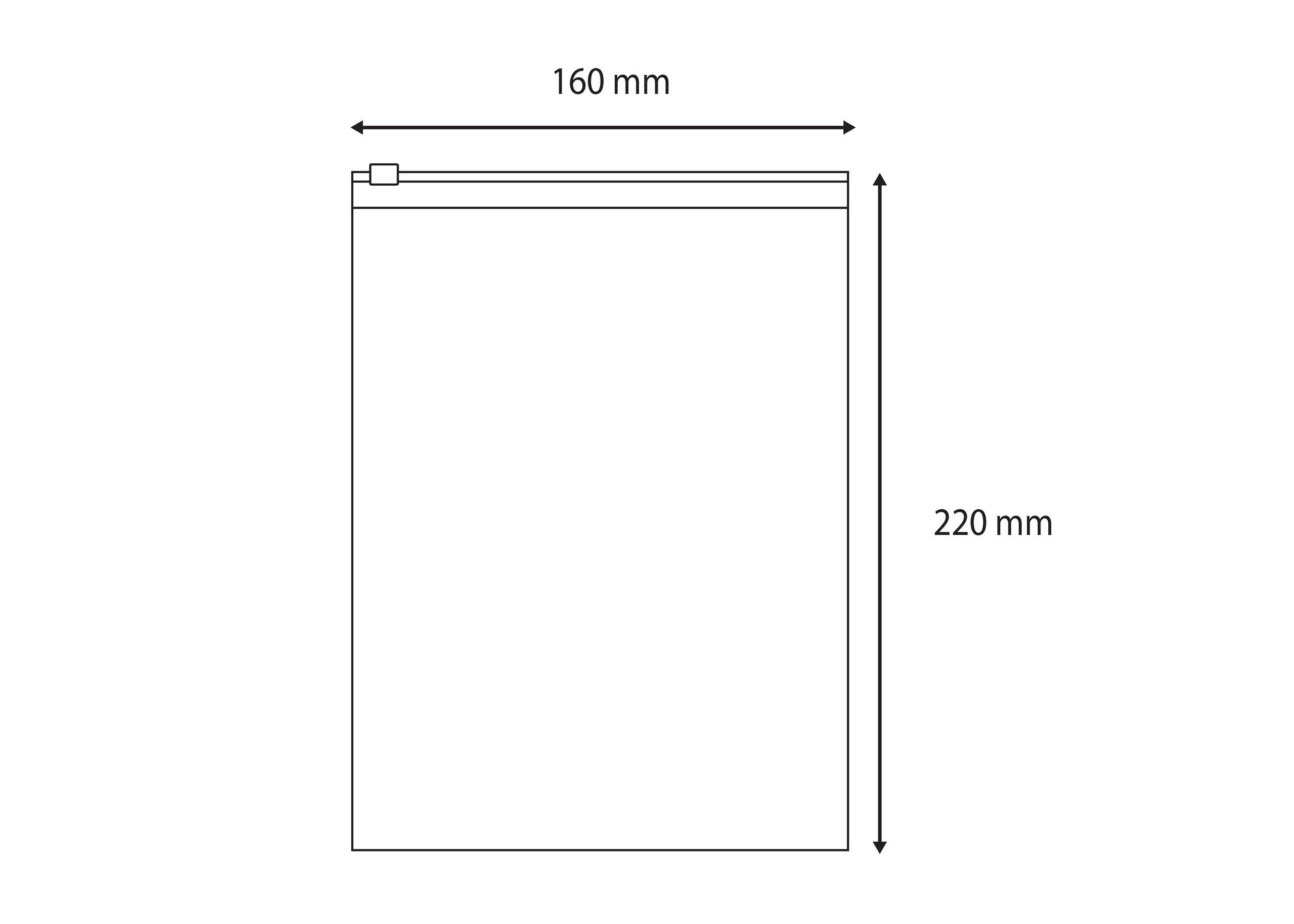 Een diagram van een rechthoekige ziplock zak met afmetingen: 160 mm breed en 220 mm hoog, met pijlen die elke maat aangeven.
