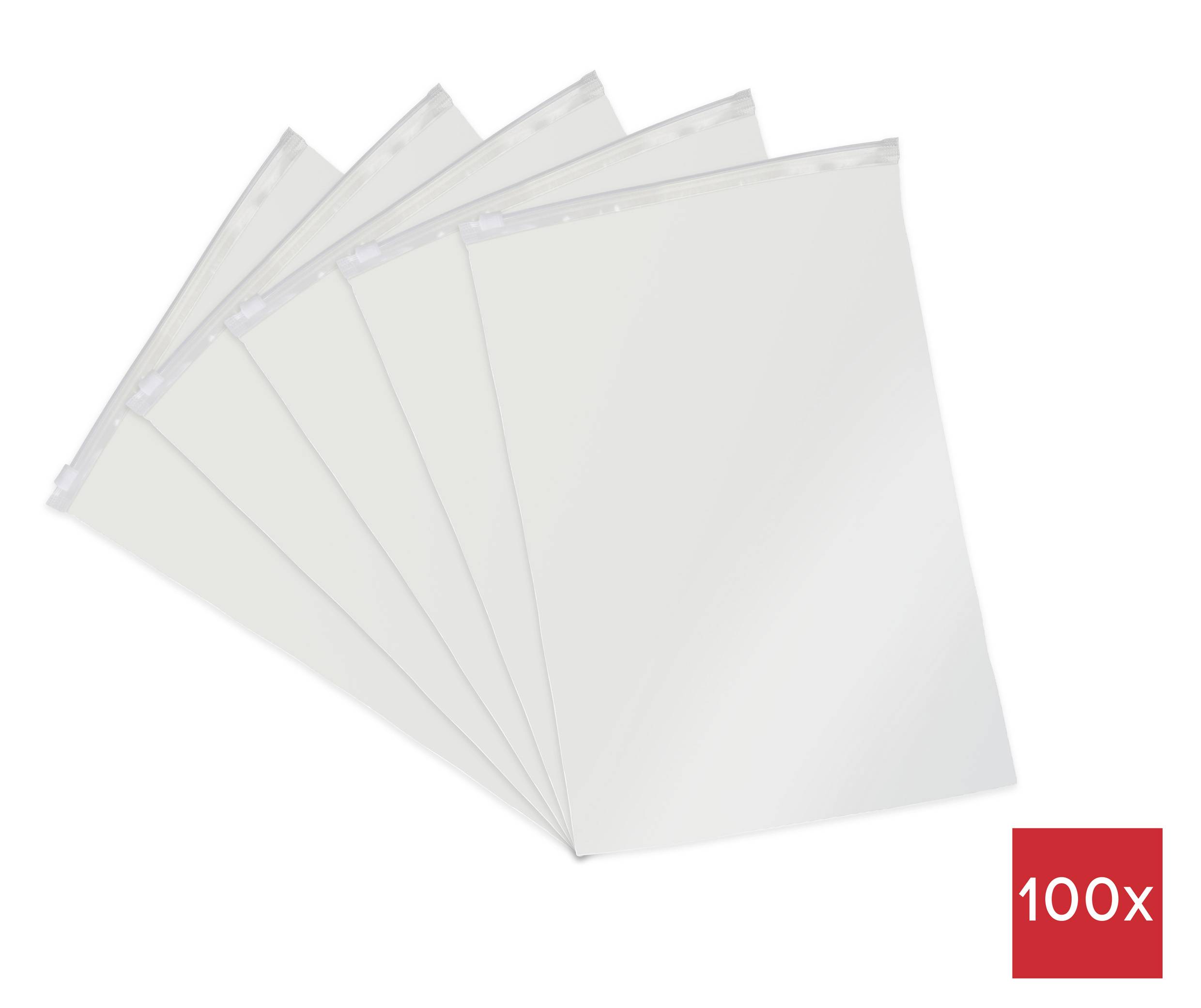 Een afbeelding die vijf doorzichtige plastic hoezen toont, gedeeltelijk over elkaar heen gestapeld. Een rode vierkant met '100x' geeft een pak van 100 aan.