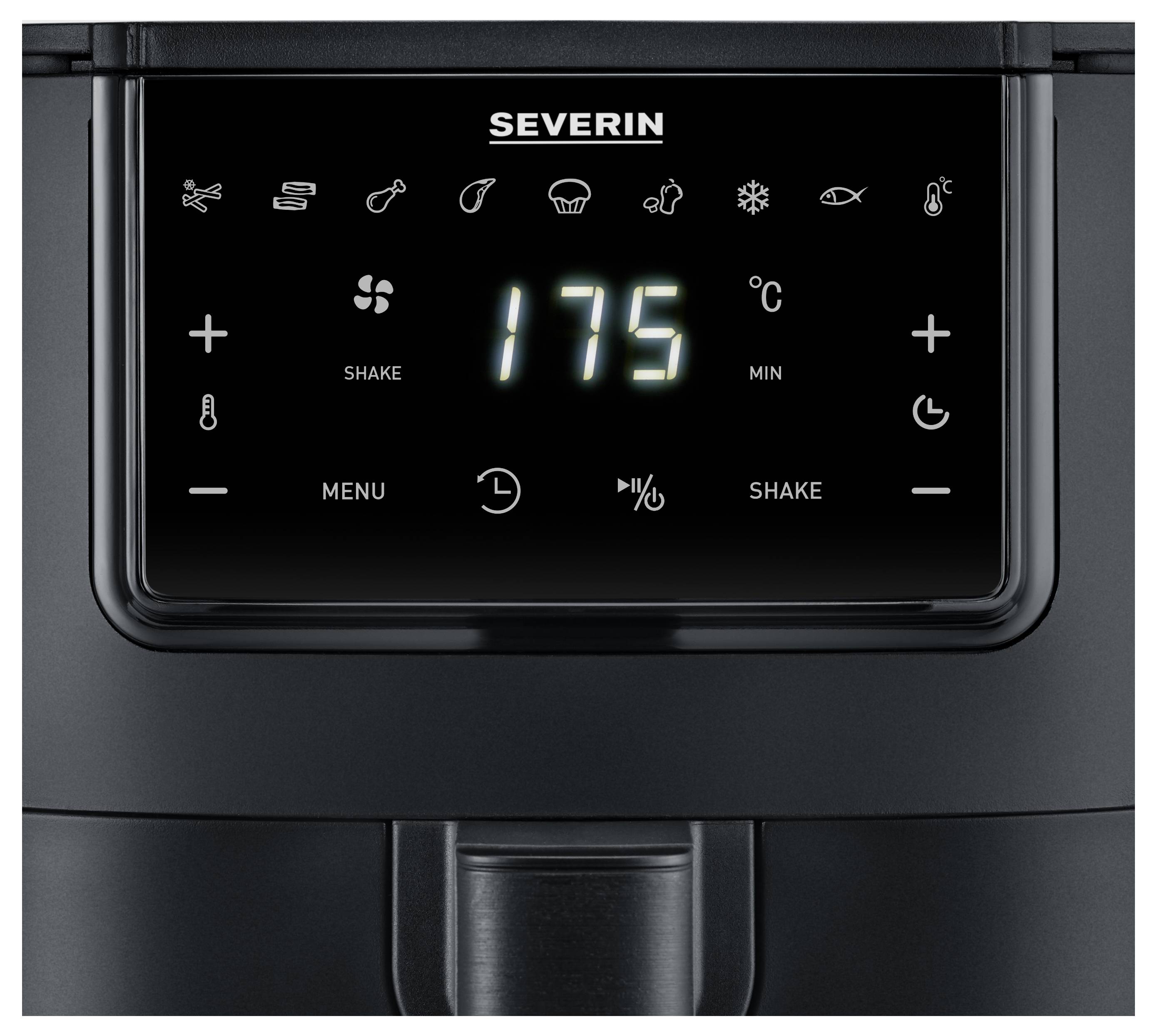 Een digitaal display met het getal '175', omgeven door bedieningselementen van een keukenmachine. Bovenaan de merknaam 'Severin'.