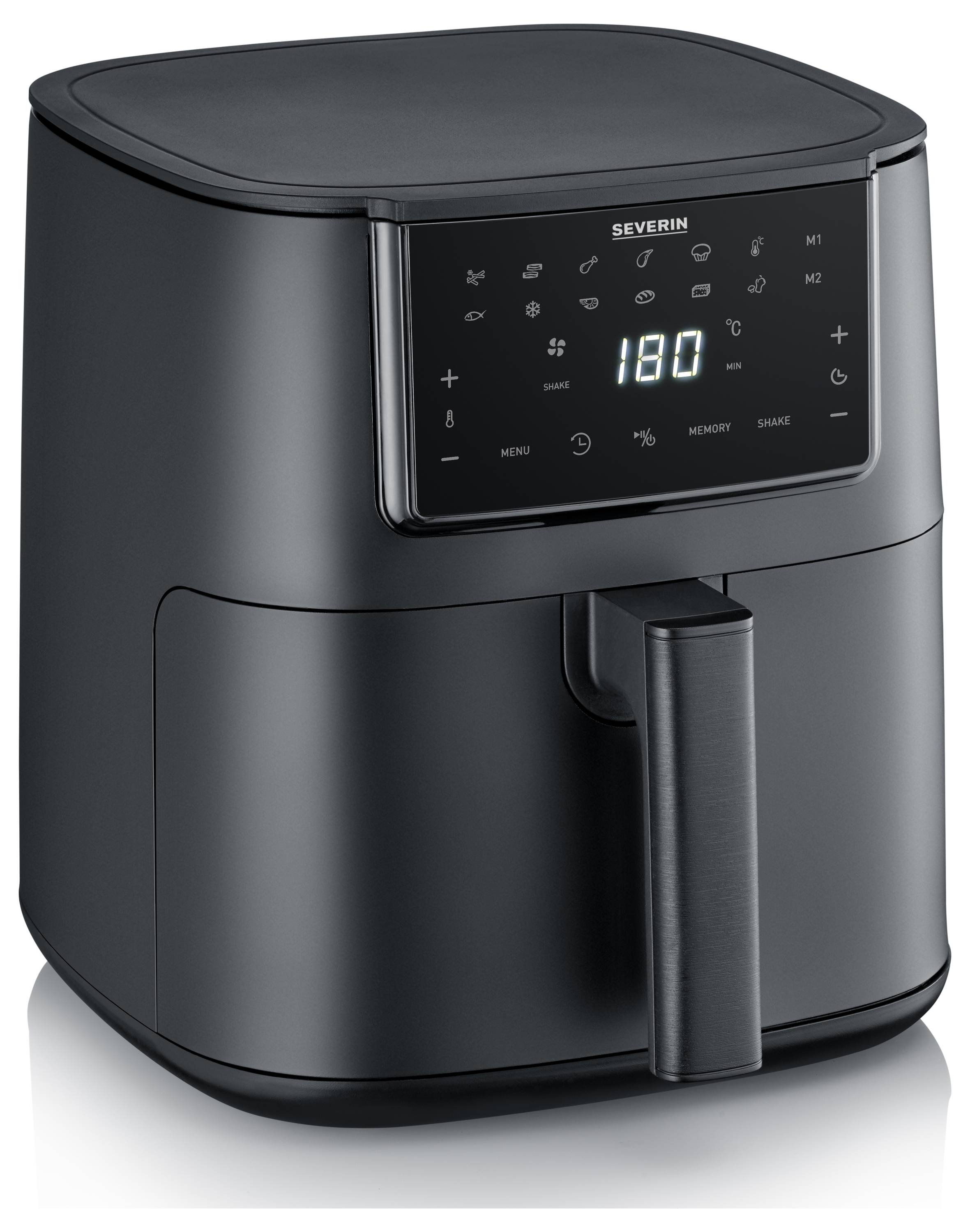 Een zwarte airfryer met digitaal display toont 180 graden Celsius. Hij heeft een modern, compact ontwerp.