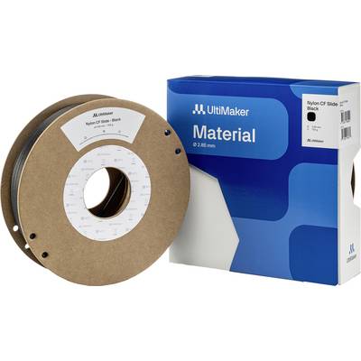 Een rol zwart Nylon CF-filament en de bijbehorende verpakking van UltiMaker, geschikt voor 3D-printers met 2,85 mm diameter.