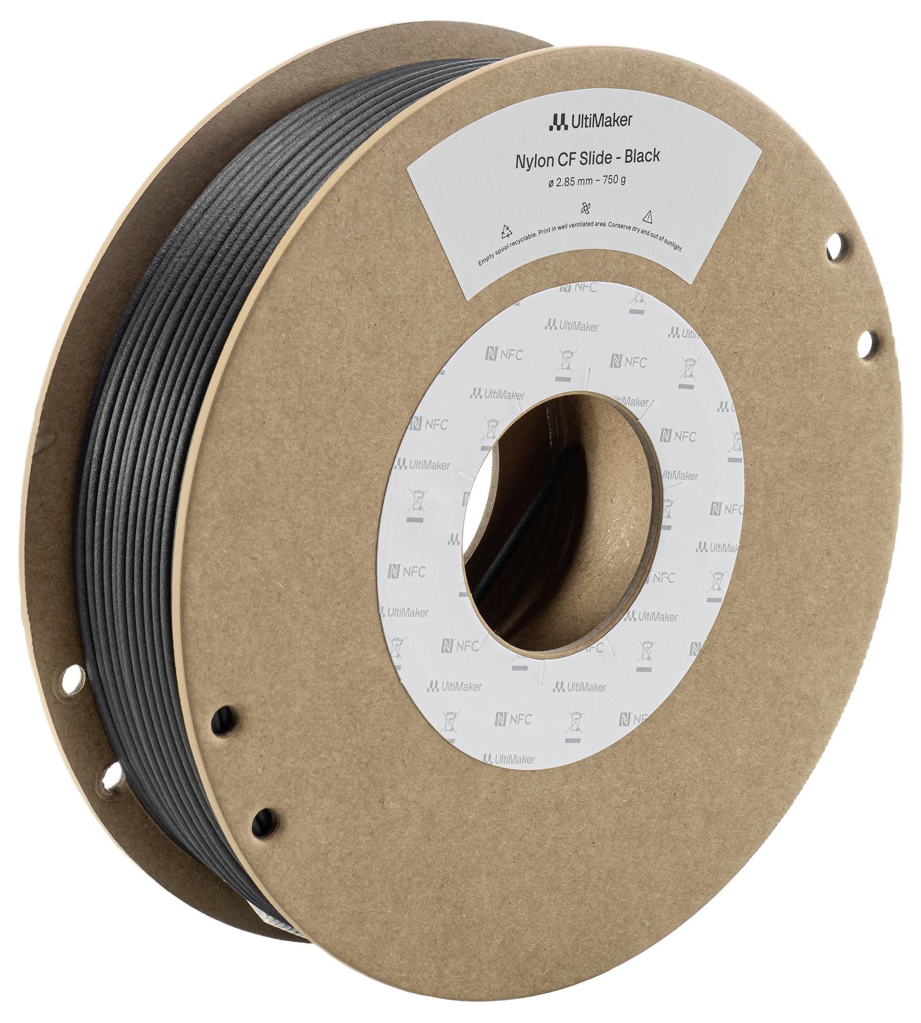 Een spoel met zwart Nylon-CF-filament voor 3D-printen, merk Ultimaker, toont de materiaaldikte van 2,85 mm en het gewicht van 750 g.