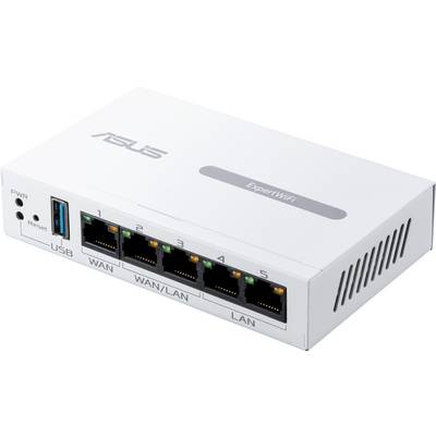 Witte router met vijf Ethernet-poorten (WAN, LAN) en een USB-aansluiting aan de voorkant, met merklogo erop.