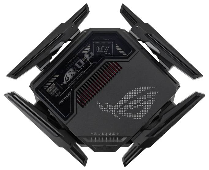 Een zwarte router met een futuristisch design, rode ventilatiesleufjes en een ROG-logo in het midden.
