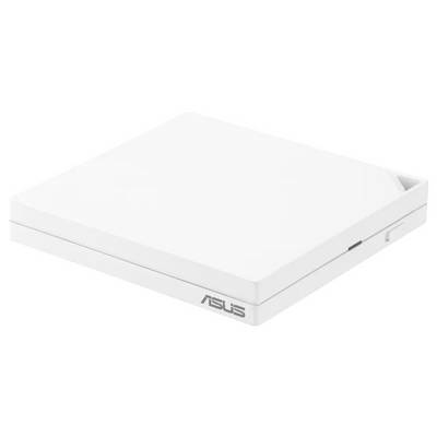 Een externe, witte ASUS-dvd-brander in vierkante vorm, compact en draagbaar.