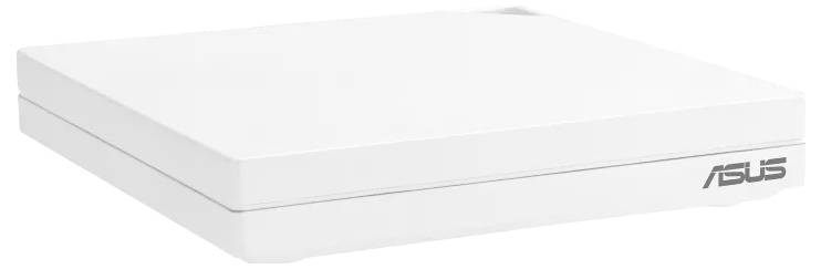 Een wit, plat, vierkant elektronisch apparaat van Asus, mogelijk een router of een netwerkcomponent.
