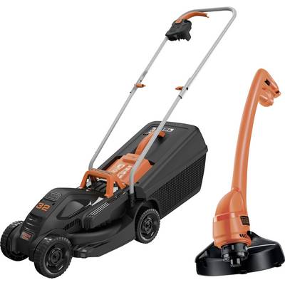 Een zwarte grasmaaier met oranje accenten en een bijpassende oranje grastrimmer. Ideaal voor tuinonderhoud.
