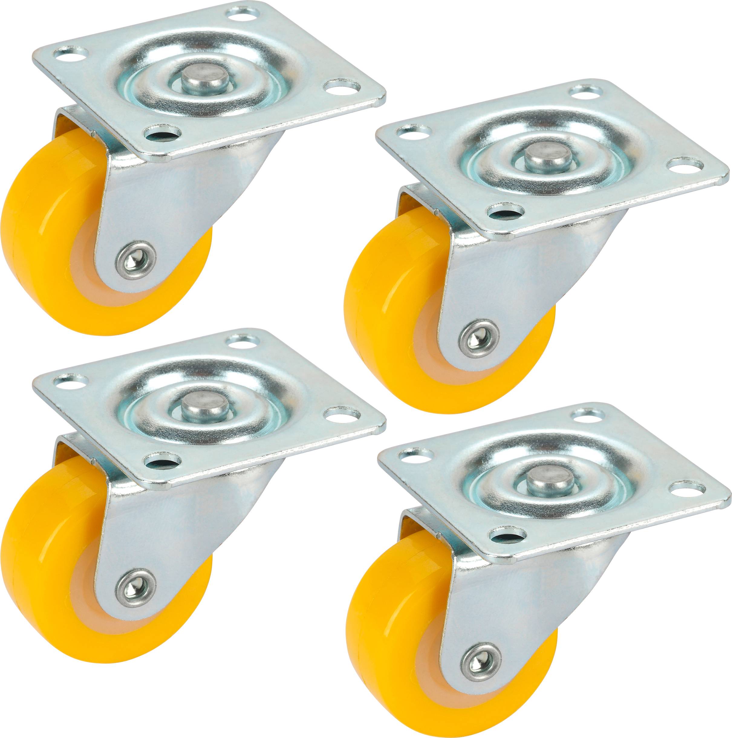 Vier gele rollen met metalen platen, die dienen als meubelwieltjes.