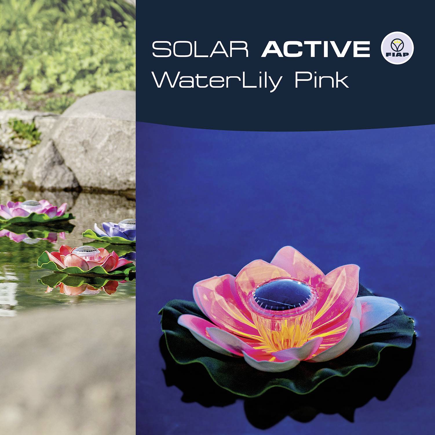 "Solar Active WaterLily Pink" drijvende zonnelamp in de vorm van een roze waterlelie op een vijver, omringd door waterplanten.