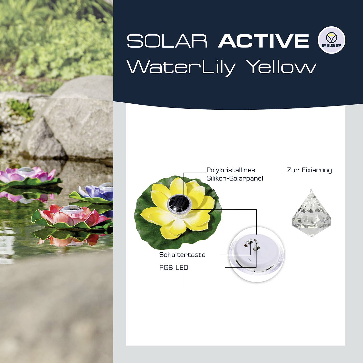 'Decoratieve drijvende zonne-waterlelies, weergave van polykristallijn silicium zonnepanelen en schakelknop met RGB-LED.'