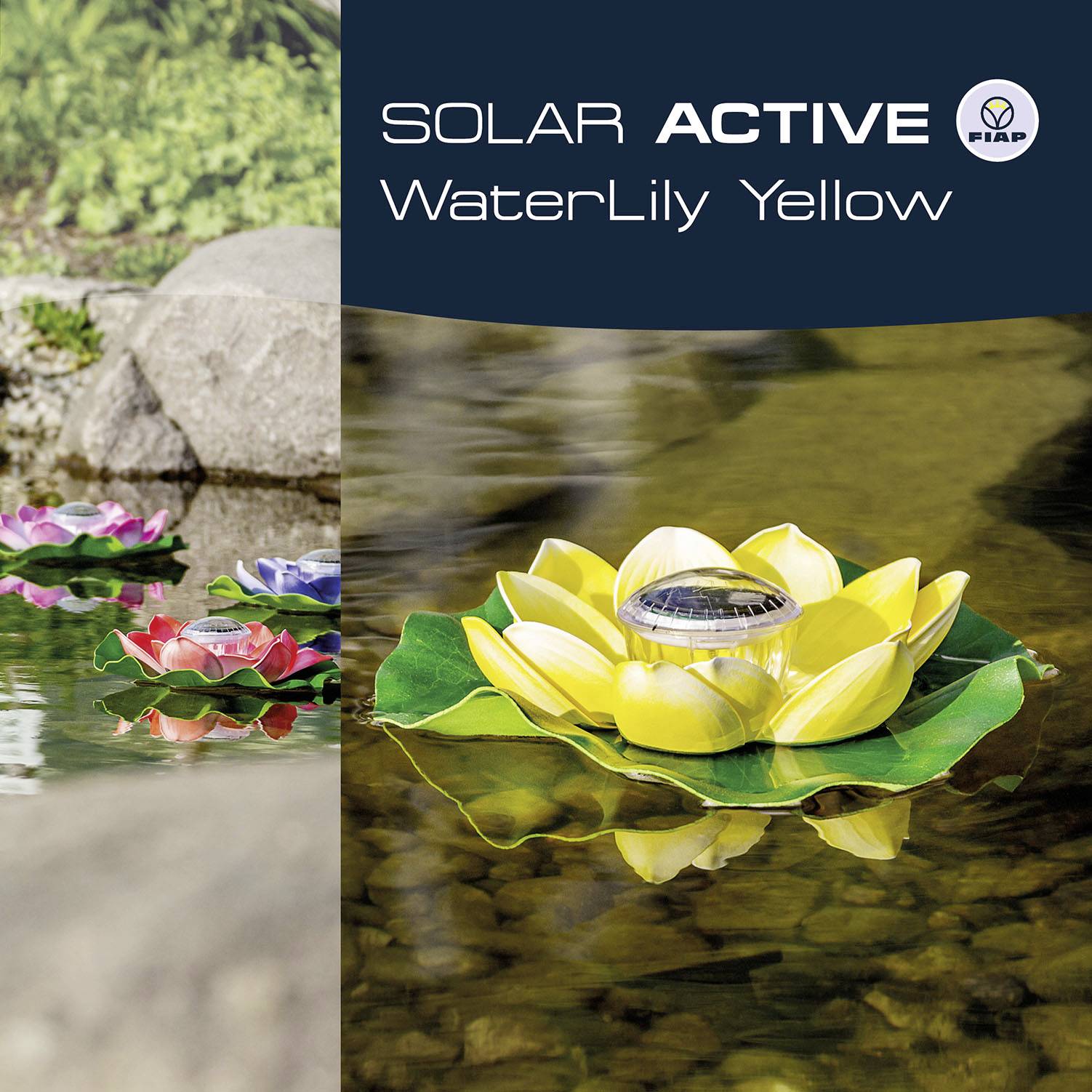 'SOLAR ACTIVE WaterLily Yellow' drijvende zonnelamp in de vorm van een gele waterlelie op wateroppervlak, groene achtergrond.