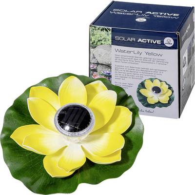 Bloem met gele bloemblaadjes en zonnepaneel in het midden, verpakt in een doos met het opschrift 'WaterLily Yellow'.