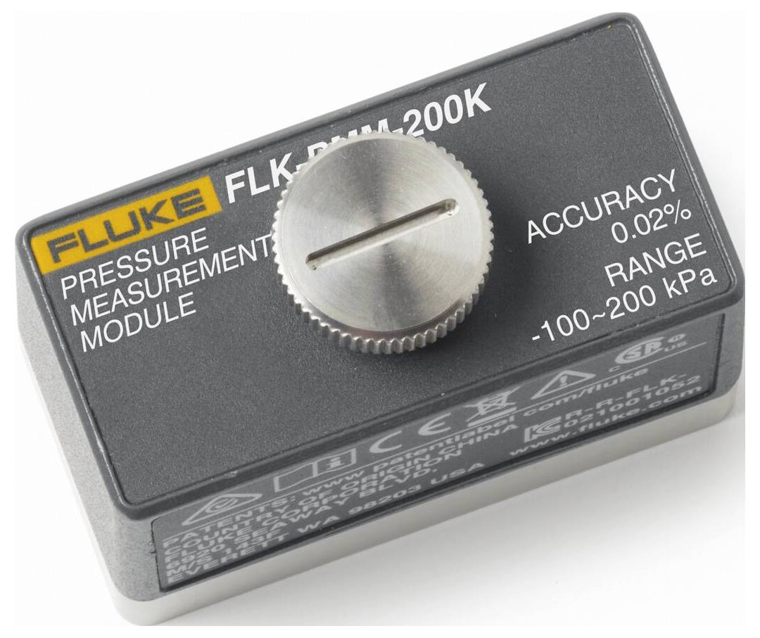 Drukmeetmodule Fluke FLK-PMA-200K. Nauwkeurigheid: 0,02%, Meetbereik: -100 tot 200 kPa. Bevat draaiknop voor kalibratie.