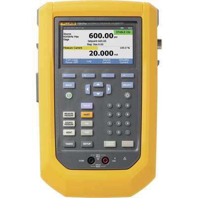 Een draagbaar kalibratieapparaat met een digitaal display dat meetwaarden en instellingen voor stroom en druk toont. Hoofdbedieningselementen eronder.