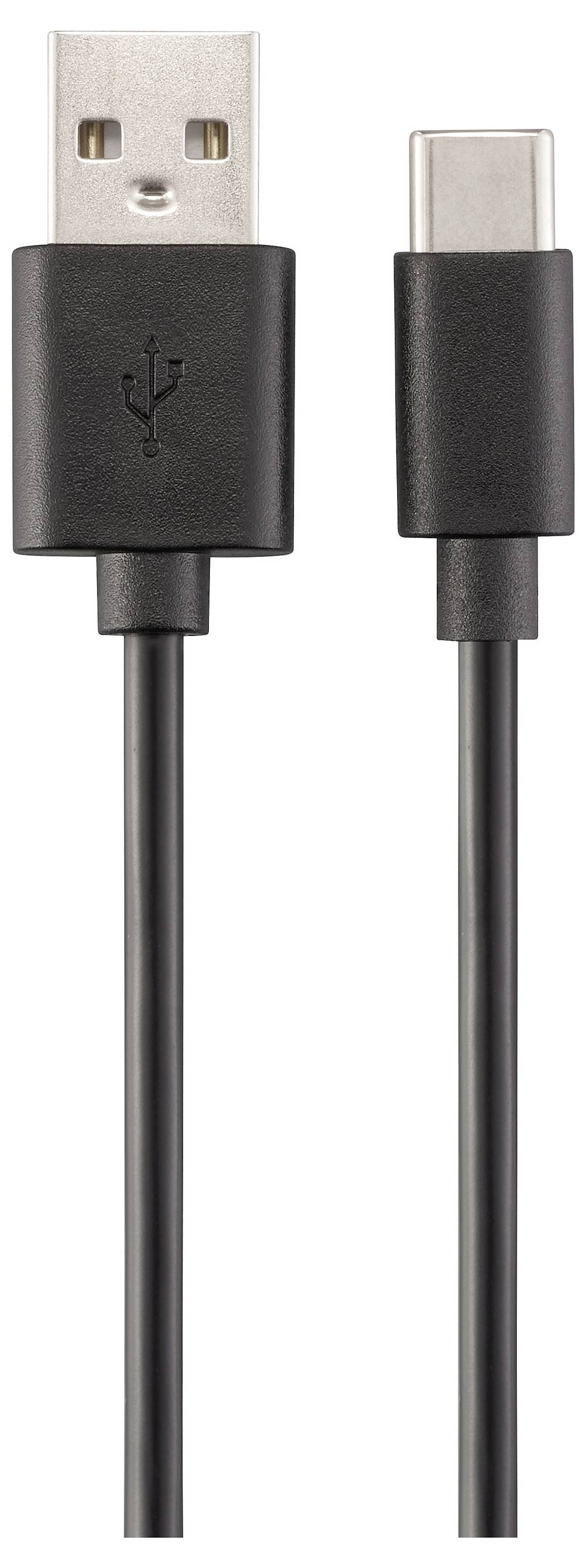 Een zwarte USB-A naar USB-C kabel, gebruikt voor het aansluiten en opladen van apparaten, met USB-A aan de ene kant en USB-C aan de andere kant.