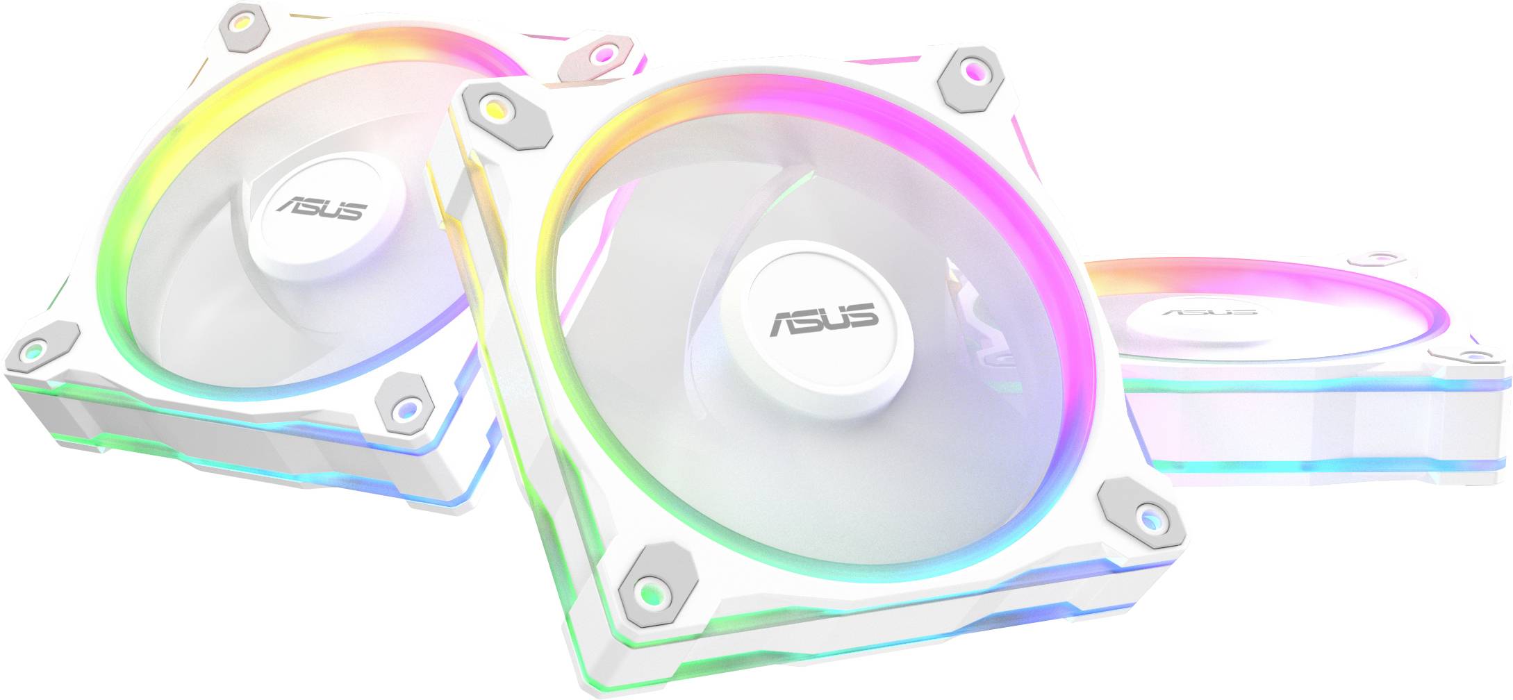 RGB-computerventilators met meerkleurige verlichting en ASUS-branding, die aanpasbare verlichting voor gamingopstellingen of pc's demonstreren.