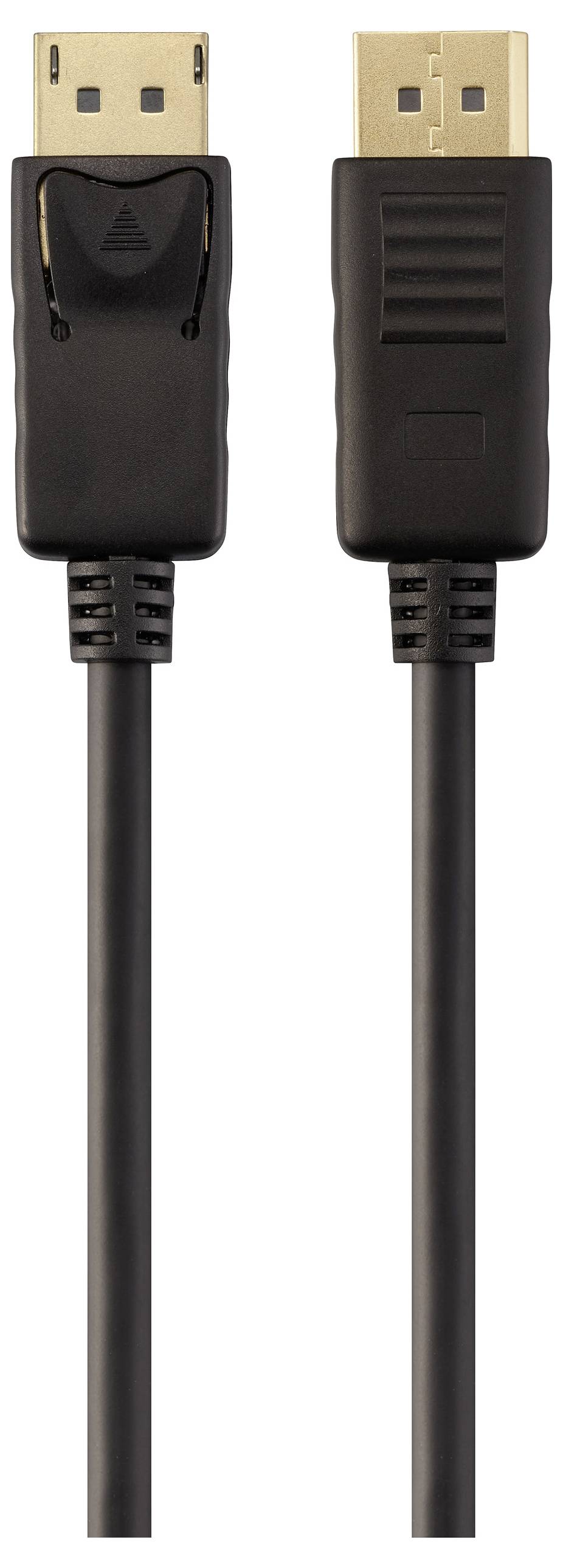 Een zwarte kabel met DisplayPort-aansluitingen aan beide uiteinden, gebruikt voor het verzenden van video en audio van een bron naar een beeldscherm.