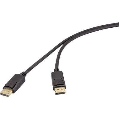 Een zwarte DisplayPort-kabel met mannelijke aansluitingen aan beide uiteinden, gebruikt voor het overdragen van video en audio van een bron naar een beeldscherm.