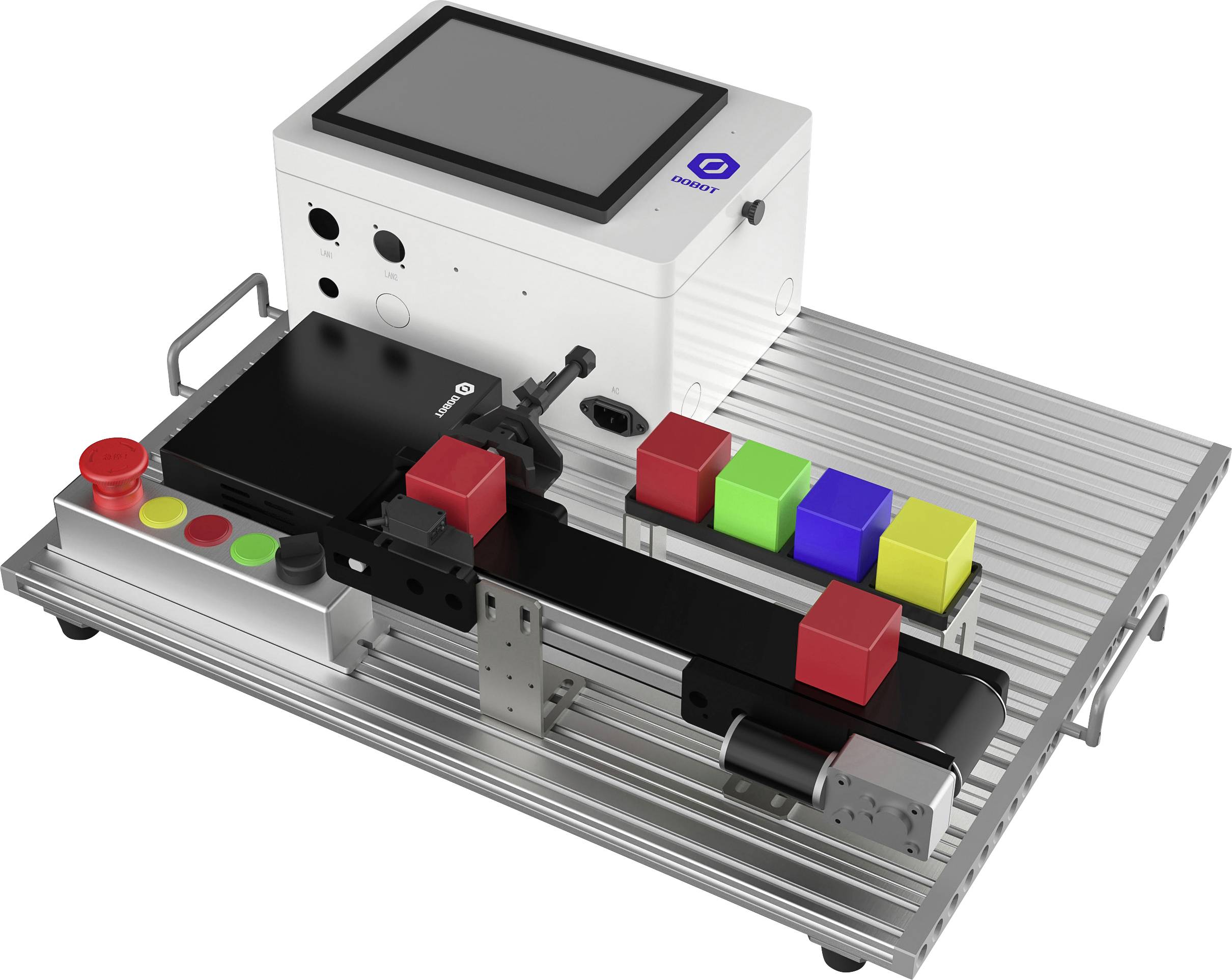 Een robotisch sorteerssysteem met een transportband, bestemd voor het sorteren van gekleurde blokken. Voorzien van bedieningsknoppen en een touchscreen-interface voor bediening.